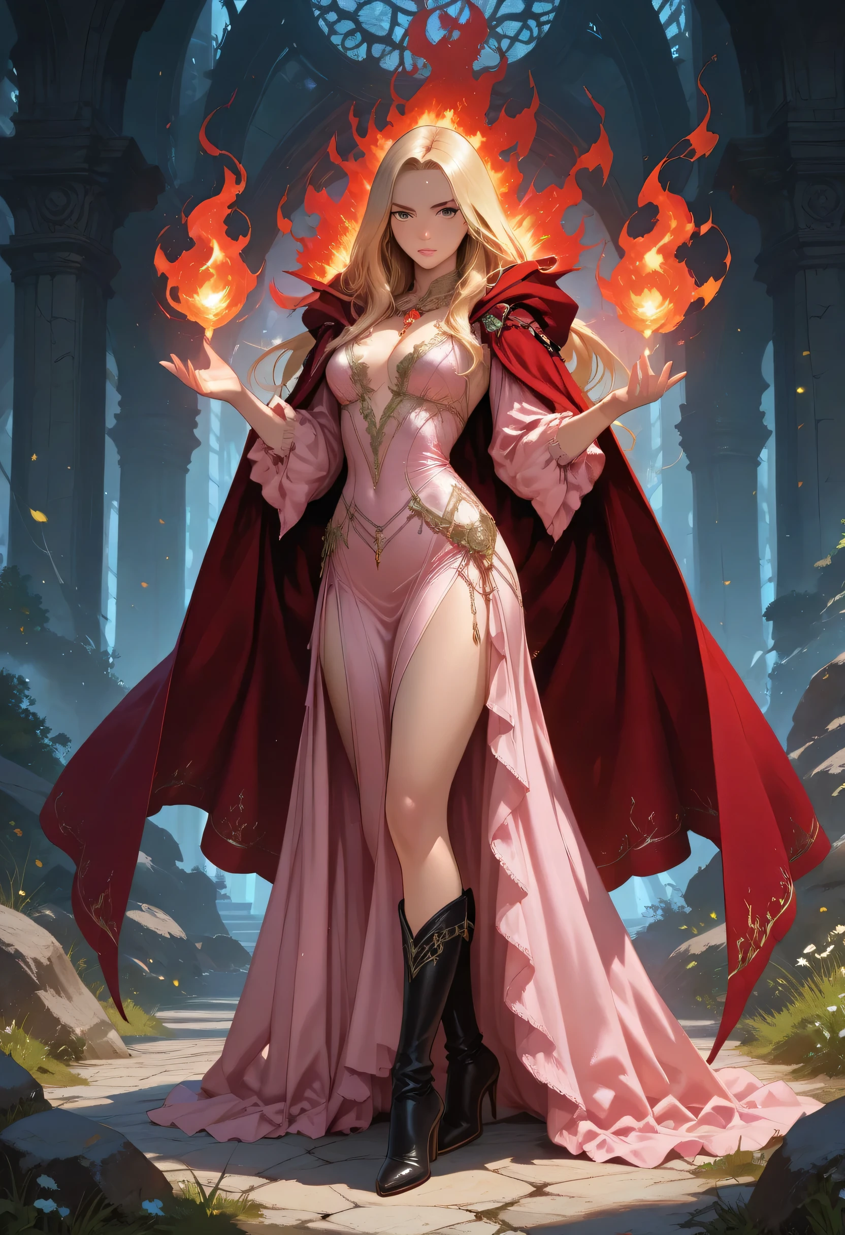 full body toe to head, masterpiece, 1soloMILF BIMBO standing pose holding magical wooded staff with ruby rose gemstone on it. long cape, strong body, abs, shiny skin (masterpiece, best quality) 1girlsolo (the empress:1.15) (red cape) curtain, armored dress, queen dress, aurora (sunshine, sky, river, forest)