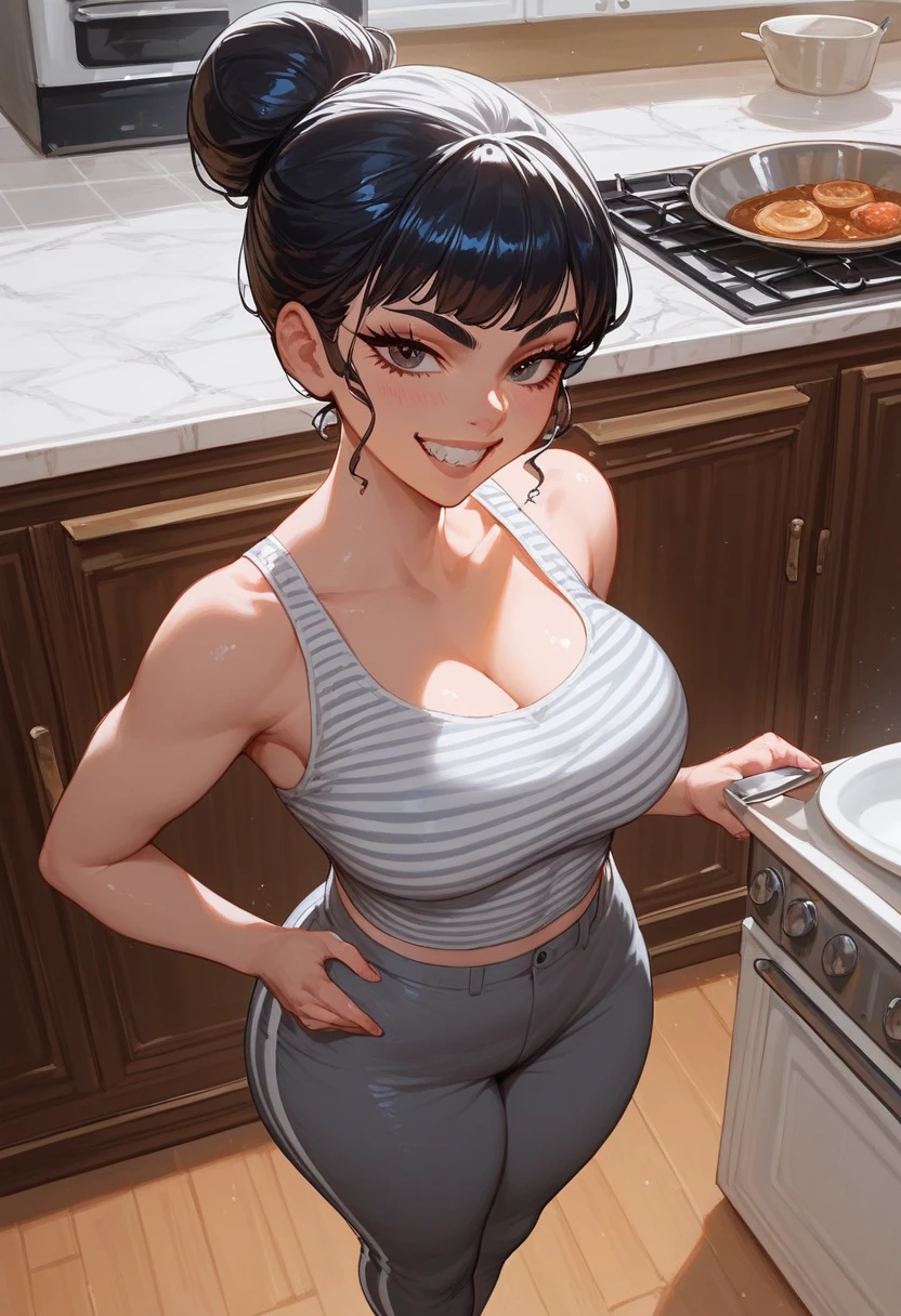 absurdres, High resolution, Super detailed, (mature woman1名:1.2), (dark brown skin:1.4), abs,small_breasts、unity 8k wallpaper,woman, Dynamism,forward leaning posture、intricate details,well-developed abs、(black hair)、spread your legs、she looks away, Loose-fitting clothing、skirt、Bright kitchen、Pure white room、Blurred Background、Sagging breasts、Leaning forward、Setup fashion、Overalls、jeans、Belly-button outfit、Sports bra、An outfit that reveals the navel、