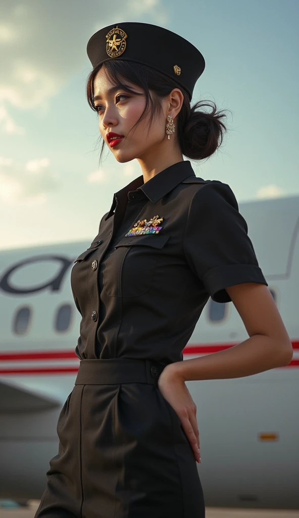 1female,35yo,plumw,extremely large bosom, 独奏,(Background with:Tropical airport,Planes,tanks,Army,) She has short blonde hair,Standing in the cabin,,seen from the front, hair straight, mostly cloudy sky,(((tmasterpiece),(Very detailed CG unity 8K wallpaper),best qualtiy,cinmatic lighting,detailed back ground,beatiful detailed eyes,Bright pupils,Blue eyes,(Very fine and beautiful),(Beautiful and detailed eye description),ultra - detailed,tmasterpiece,)),facing at camera,A high resolution,ultra - detailed),revealing breasts,Bare genitalia, Bulge,legs are open,Raised sexy,Camel toes,Flushed complexion,Desire for dissatisfaction,frontage,British pilot,military hat(Wearing:Dark green bomber jacket,Black pantyhose)
