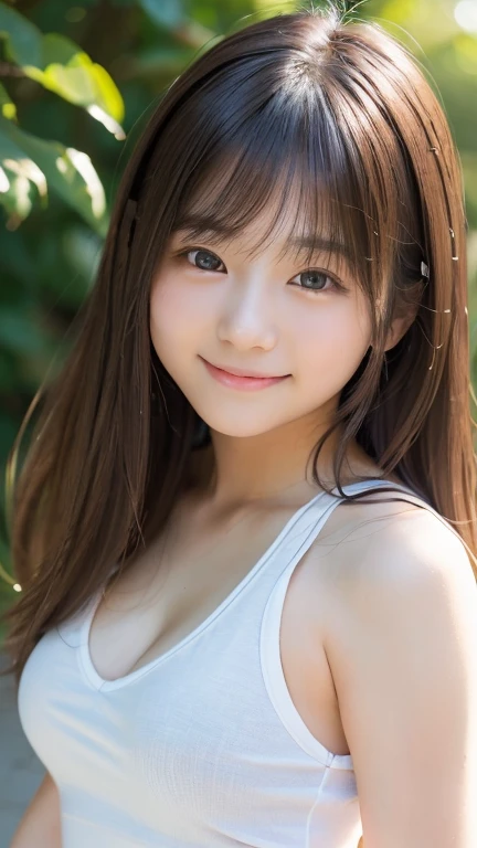 Brown Hair,Medium Hair,20-year-old female, Small nose, With the correct face, Cute natural smile, Japanese facial features, A clean and cute face, Cute realistic portrait, Asian Face, 8K Photo, Soft Makeup,Natural skin texture,Raw photo,highest quality,Full Body Shot,Hiding her breasts with her hands