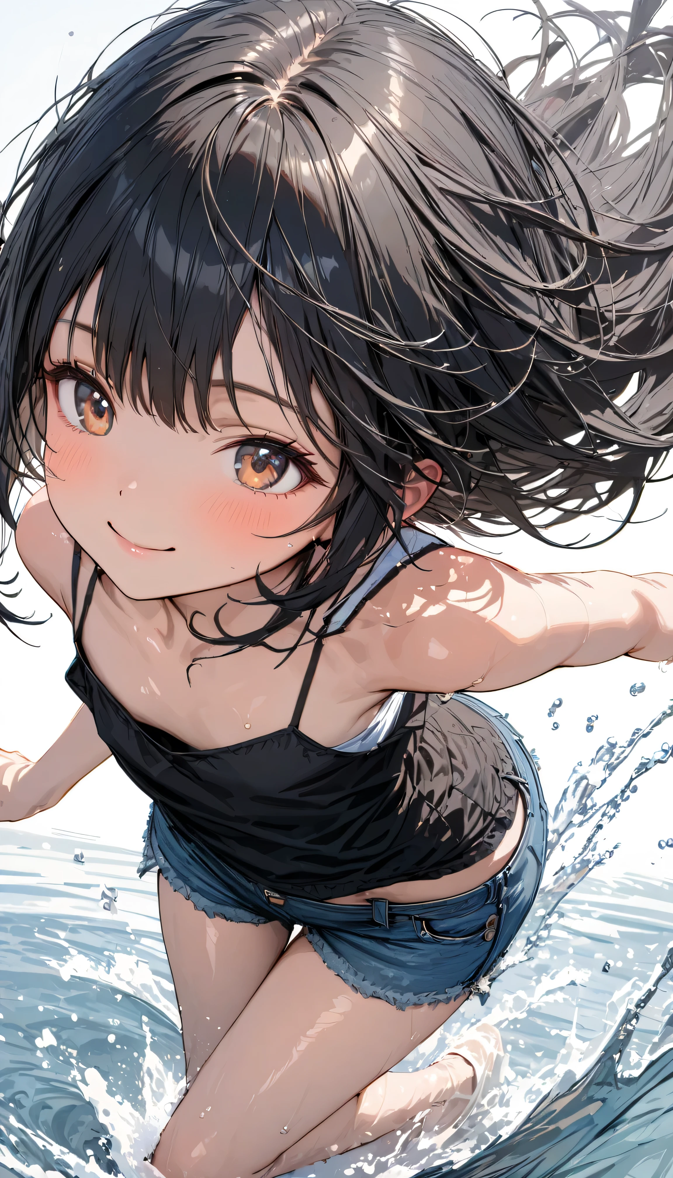 (Best Quality, Masterpiece), 1 girl, paw posture, SMILE, laugh, ocean, crop top, Bermuda, rubio, parts, blush, looking at the viewer, wavy fur, cloud, splash, waves, sun, mountain, wet