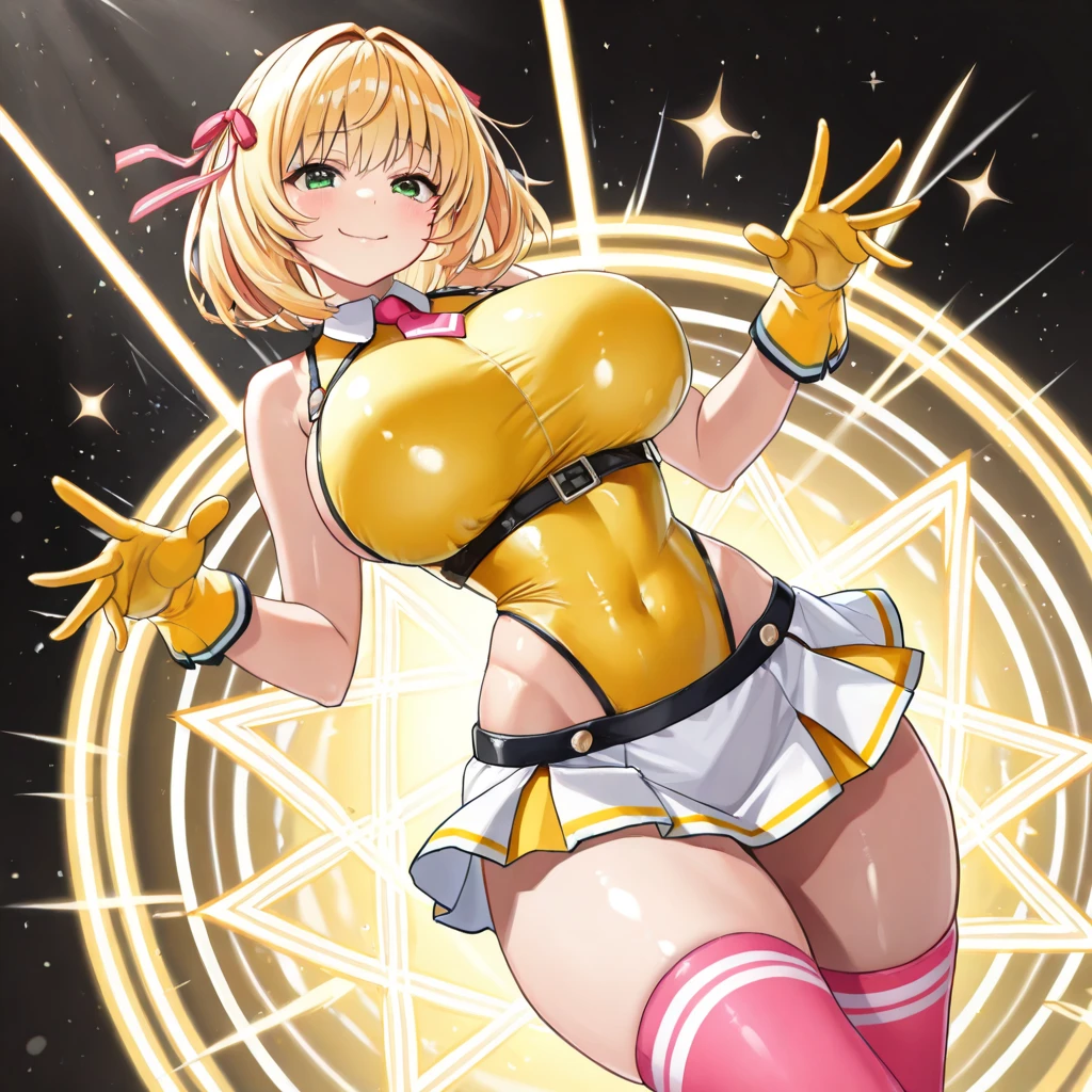 16k、masterpiece、High resolution、High definition、((1 female))、short hair、Very large breasts、((Gold rough mesh bodysuit、Ultra high leg、High definitionな描写))、((No underwear、No underwear、No bra))、((The crotch is transparent))、((Pussy crack))、Grin、Very close、((Hands on hips))、((On the live stage、light up))、((Close-up from the knee up))
