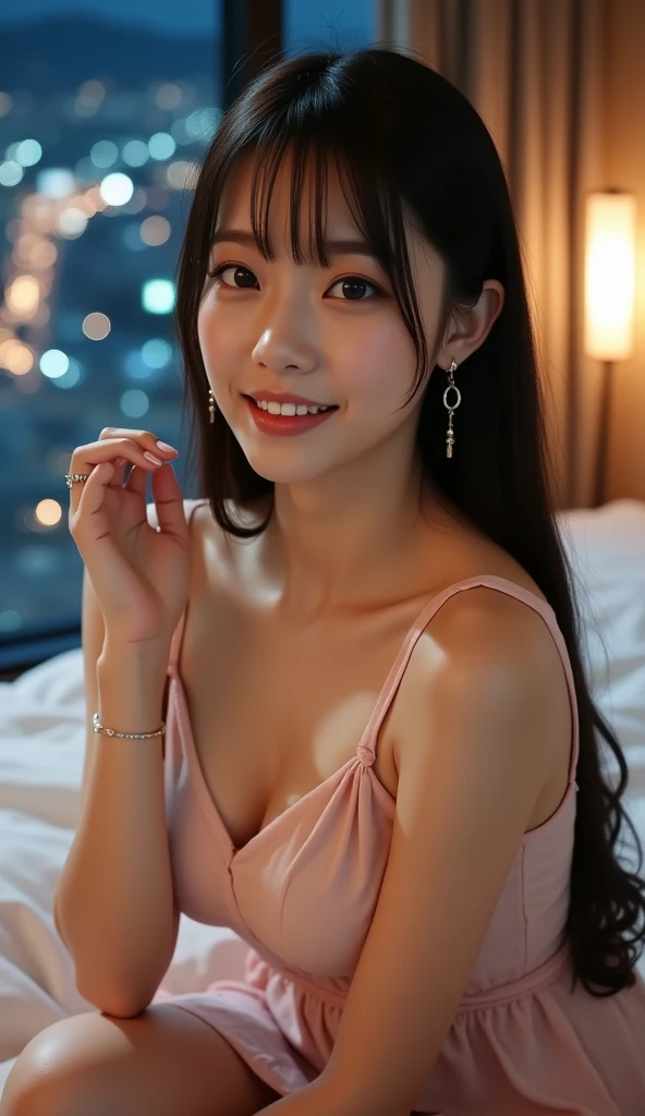 Beutiful women,Asian features,At the hotel,Wear a camisole,Smile and laugh