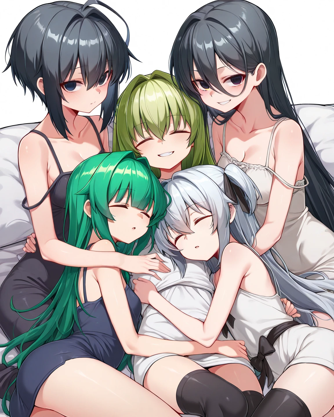 masterpiece、Highest quality,High resolution,alone、1 Female、snow-white skin、Green Hair、Joker-ized Nakano Miku、Red eyes、Pure white skin、Black nails、Green Hairの毛、Naked、全身snow-white skin、bed、indoor、My chest is a little big