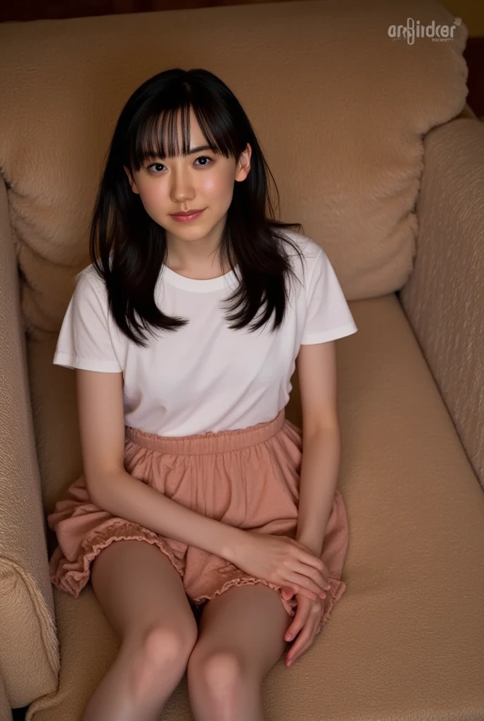 there is a young woman sitting on a couch with a remote control, taken with canon eos 5 d, taken with canon 8 0 d, chiho, taken with canon eos 5 d mark iv, taken with a canon eos 5 d, taken with a canon eos 5d, Yoshitomo Nara, narumi kakinouchi