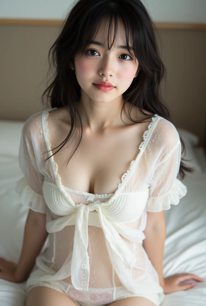 (masutepiece, Best Quality:1.4), Beautiful face, 8K, 85 mm, absurderes, ((Dark bedroom in the hotel))、(Wearing a nightgown:1.4), ((cowboy shot:1.5))、((shot from front:1.4))、violaceaess, gardenia nude:1.4)))、((No bra:1.4))、((Not wearing panties(:1.4)))、(((No Underwear:1.4)))、((Detailed female genitalia、Pubic hair:1.4))、Delicate girl, Solo,(((pony tail hair:1.5)))、Night, Looking at Viewer, Upper body, Film grain, chromatic abberation, Sharp Focus, face lights, Professional Lighting, Sophisticated, (彼女はterrified expressionで視聴者を見た:1.4), ( Background, Bokeh background:1.2), Detail Face、((terrified expression、Shout:1.4))、panties hanging on girl'mano