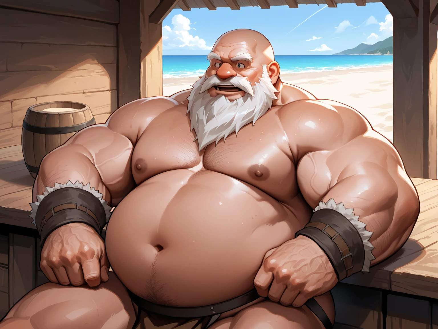 muscular bald Zeus, smiling, relaxing, hairy chest & arms, reclining in underground sauna rock pool, green moss, old man, wearing speedo, fat, bulge, humid, steam,