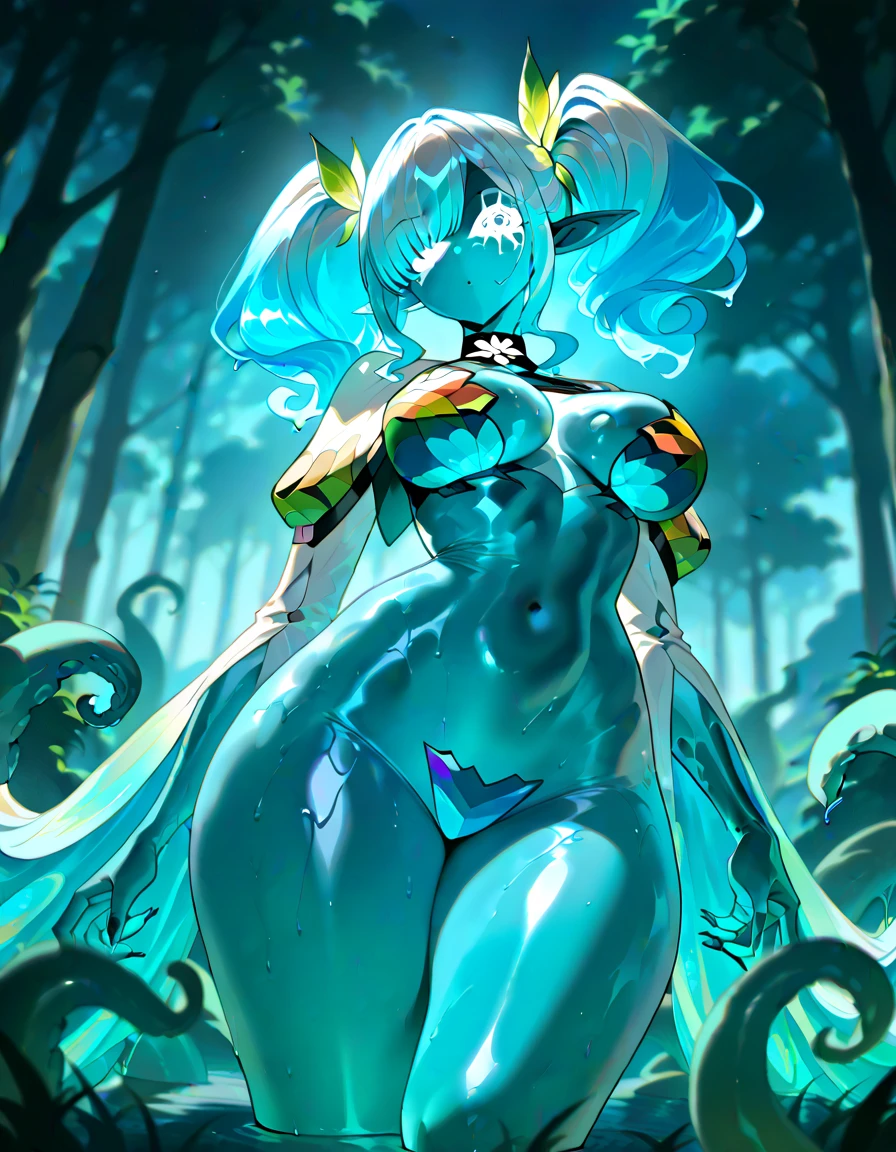 This monster lives Deep in the cave by the water, Slime woman, transparent slime body, body covered with transparent liquid, transparent bikini, wettie hair, slime, liquid,,.