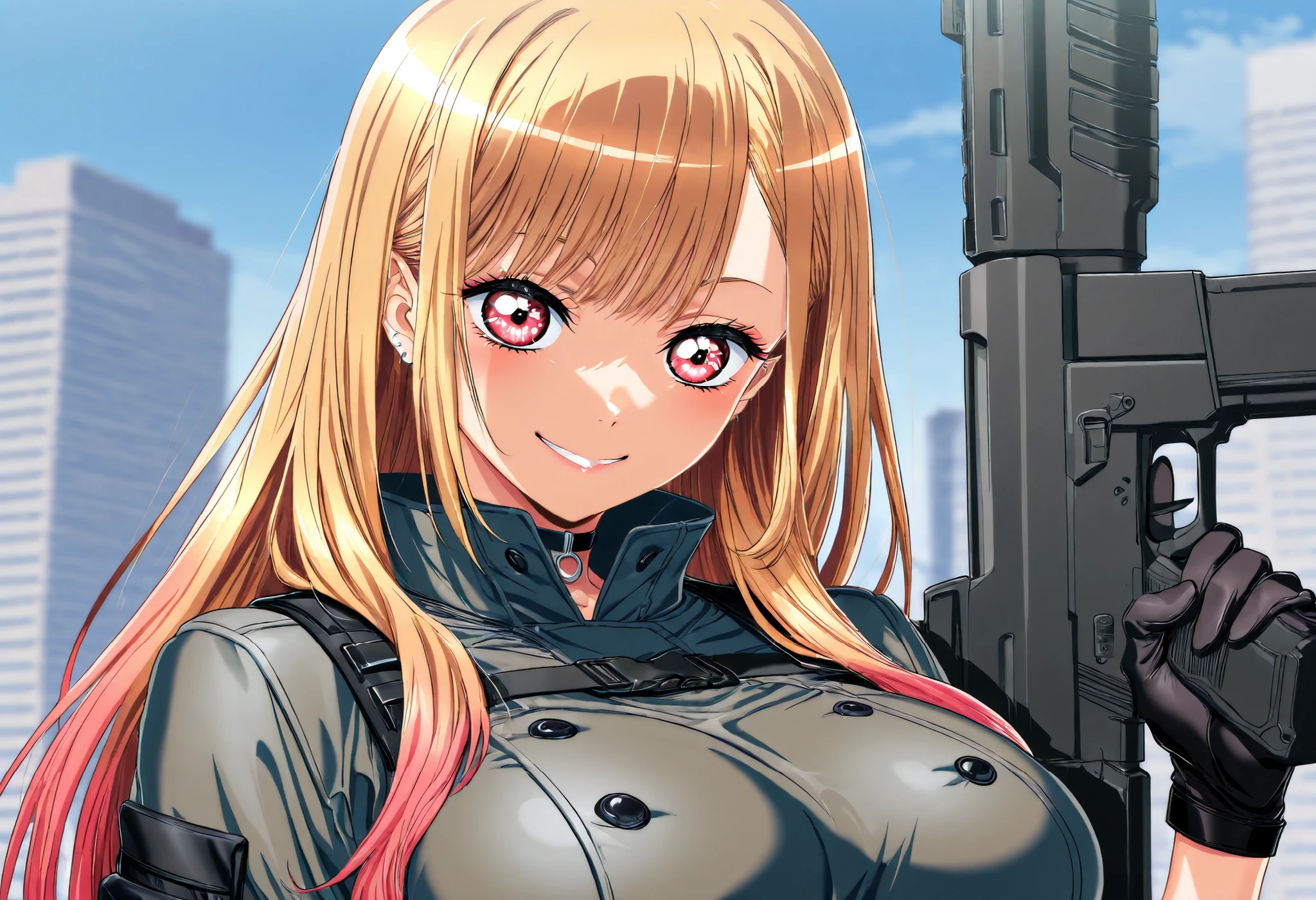 (Yokota Mamoru style),masterpiece, Top quality, Newest, high resolution, 1 girl,stare at the viewers,Charming smile,(portrait :1.uper Detailed,1girl,Marin Kitagawa,((masterpiece)),(Top quality),(high resolution),16 kg,(tight clothes),I'm wearing tactical clothes,Big breasted body ,Big breasts、(holding an assault gun),staring at the viewer,serious,Detailed face,Detailed Hair, American city background,