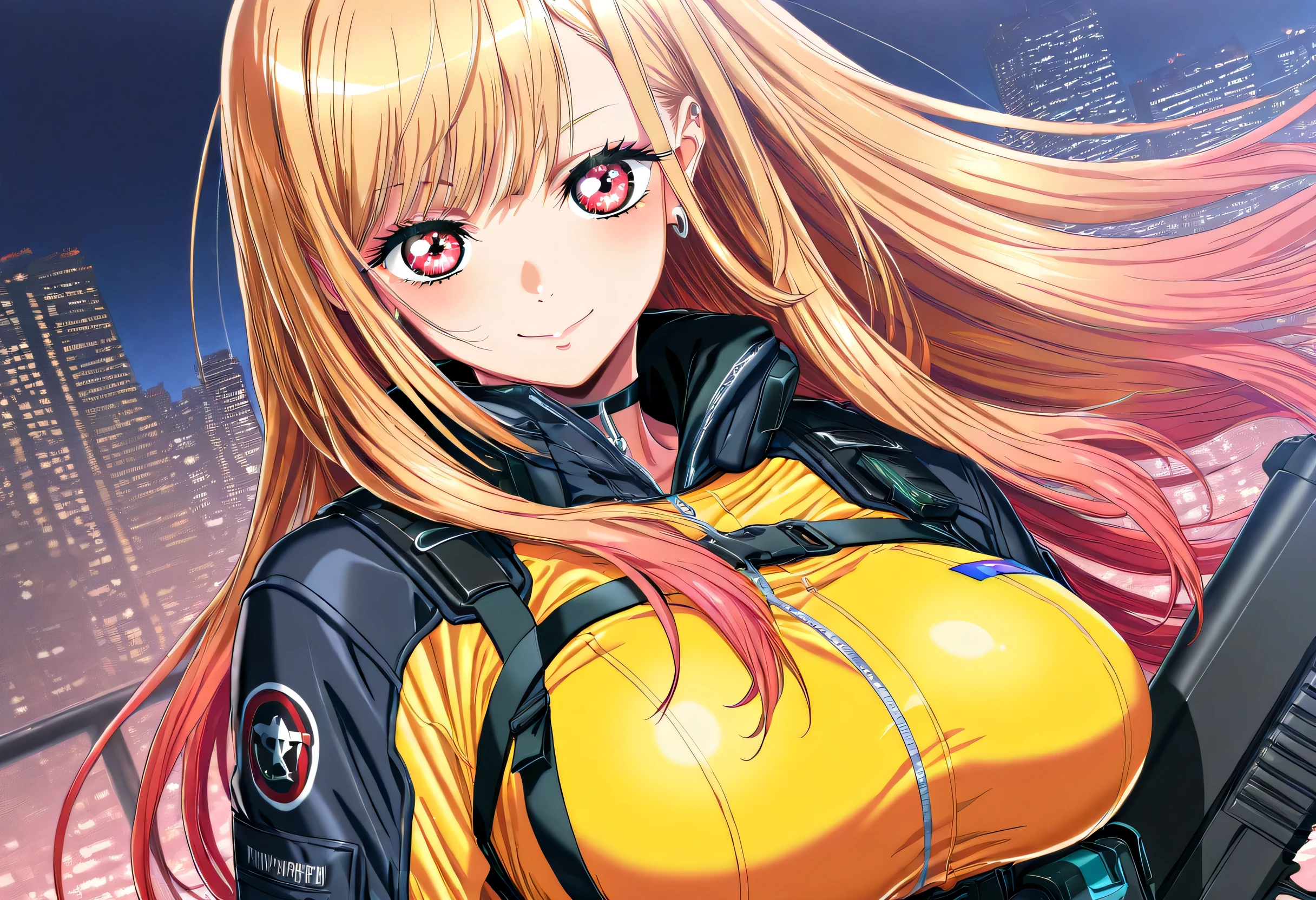 (Yokota Mamoru style),masterpiece, Top quality, Newest, high resolution, 1 girl,stare at the viewers,Charming smile,(portrait :1.uper Detailed,1girl,Marin Kitagawa,((masterpiece)),(Top quality),(high resolution),16 kg,(tight clothes),I'm wearing tactical clothes,Big breasted body ,Big breasts、(holding an assault gun),staring at the viewer,serious,Detailed face,Detailed Hair, American city background,