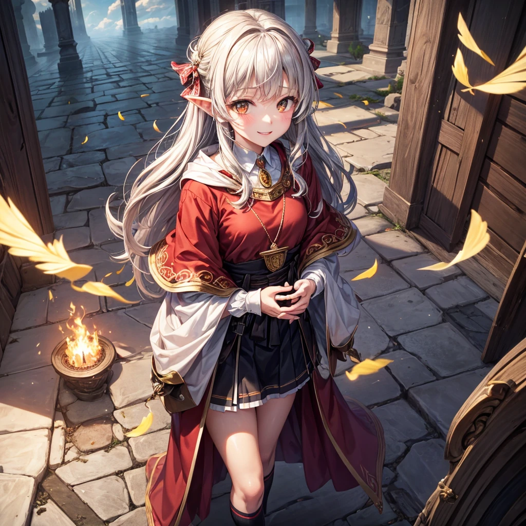 An elf woman, very dark tanned skin, beautiful silver hair, pointed ears, beautiful red eyes, pink lips, staring at the viewer, wizard's robes, beautiful necklace, wizard's hat, shy face, Cheerful smiles, masterpieces, medieval streets,