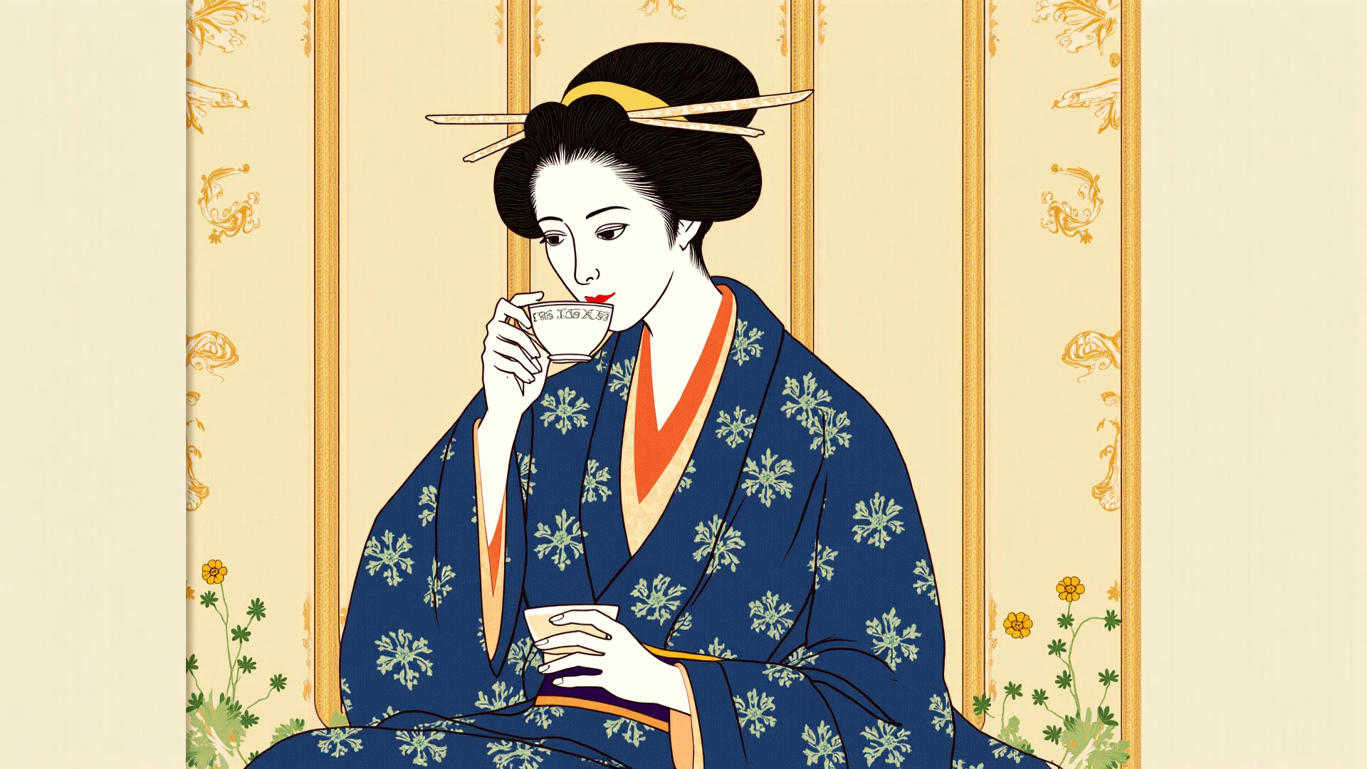 a old engraving of a japanese beautiful girl drinking a cup of cold tea, color engraving, japanese ink drawing
