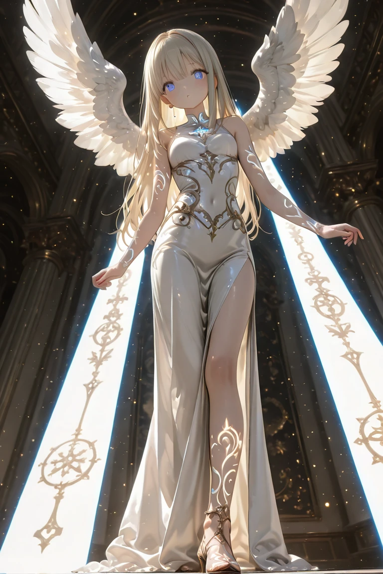 an extremely delicate and beautiful girl with golden pupil, Holy, intricate detail, amazing quality, (masterpiece), (high quality), wallpaper 8K CG, high resolution, extremely detailed, photorealistic, beautiful detailed, full body, best detailed girl, depthoffield, falling from the sky, beautiful detailed fullbody, Perfect body, single human girl, detailed long hair, dynamic hair, long bangs, gold hair.lace, streaked hair, beatiful detailed hair, super fucking beautiful, grin, gorgeous detailed eyes, Slightly open mouth, human hands, medium chest circumference, slim legs, beauty detailed eye, Smooth skin, angel halo, gem necklace, angel wing, Exquisite cloth, volumetric lighting, grand space, delicate background, holy, complex details, 