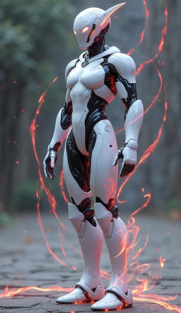 A sleek, futuristic female robot with a smooth metallic body, featuring shiny red and silver accents. The robot is posed dynamically, with one hand raised in a graceful gesture, surrounded by swirling droplets of liquid that resemble molten metal. The background is dark, highlighting the robot's glossy finish and the vibrant colors of the flowing liquid, creating a captivating contrast. The overall mood is dynamic and artistic, showcasing a blend of technology and elegance.