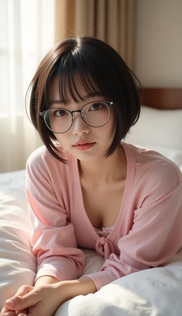 （8K、Hyper HD）On pink sheets、transparent bottom、Spread your legs、short hair, Black Hair, Curly Hair、View your viewers,high school girl,Leaning forward,(Random cute clothes),(Random Animation Pose),(Thin type),(Random hairstyle),(Best image quality, (8K), Ultra-realistic, 最high quality, high quality, High resolution, high qualityの質感, Attention to detail, Beautiful details, Fine details, Highly detailed CG, Detailed Texture, Realistic facial expressions, masterpiece, in front),(Wear glasses:1.1)、(Big eyes:1.4)