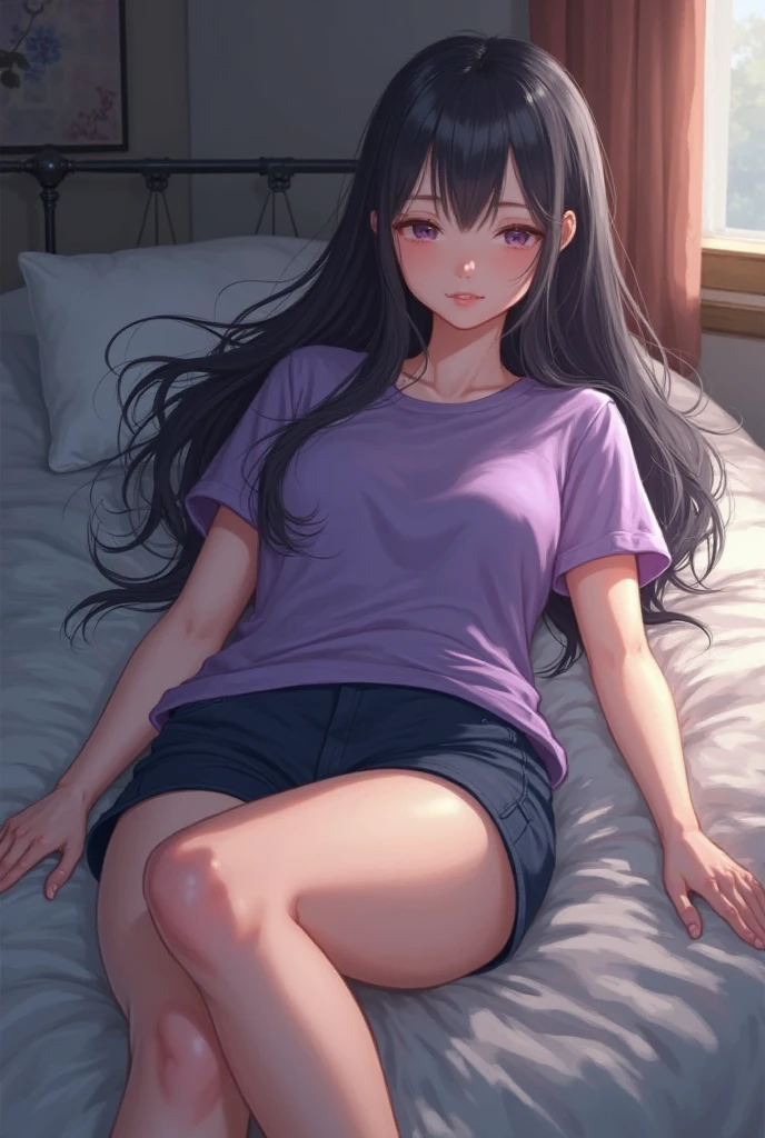 Anime Girl peeing herself white sticky pee, mini pleated skirt, very long black hair , in bed, extremely shy,