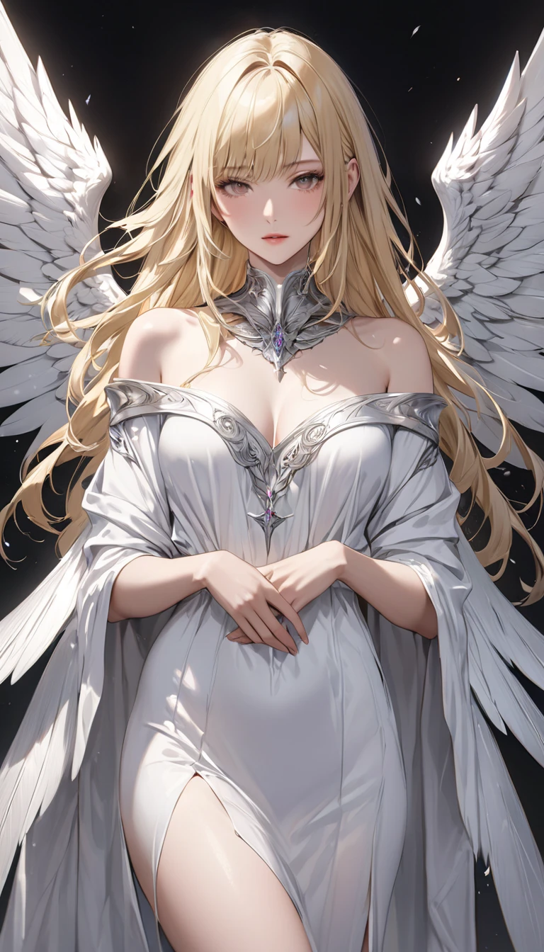 ((Best quality)), ((masterpiece)), (detailed), perfect face in the arms of a very handsome young man, majestic, courageous, sports, attractive male demon with long straight platinum hair, tanned skin, gray burning eyes, dressed in black royal robes, with a silver crown on his head, with big black wings, growing behind my back, there is an incredibly beautiful young delicate fragile woman in a flowing white translucent dress in the Greek style, she has blue eyes, Long golden hair, elegant golden tiara, beautiful slim female body, which is visible through the fabric of her dress, beautiful neat small female breasts with pointed nipples, small pink halos. they are in love with each other, he hugs her tenderly.  full length image. realistic image, full length image. careful drawing of the anatomical accuracy of the body, gentle face type, excessive detail of the female body. masterpiece, perfect drawing, realistic drawing, Full-length drawing, 8k. full length image, realistic image, detailed image. extremely detailed illustration, настоящий masterpiece, highest quality, with careful drawing. shading with shadows. careful depiction of the anatomical accuracy of the female body, attractive face type and excessive detailing of the female body.
