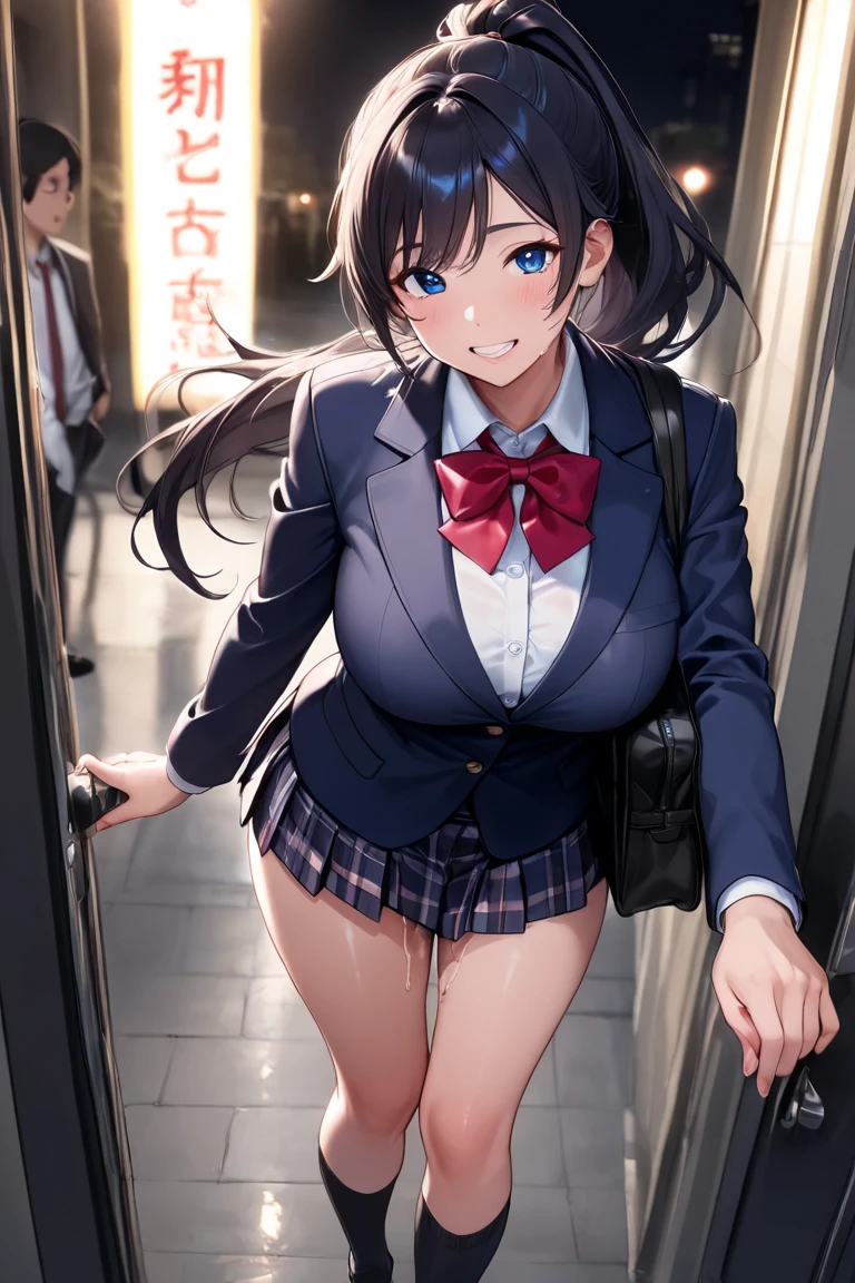 (lingerie undre school uniform:1.4), thong,blazer, ( idol milf ), cleavage sports uniform, cut out between chest and stomach, 18year old, looking distantly, big breasts, (different breasts:1.4), Cowboy Shot,in crowded train, white slime on body