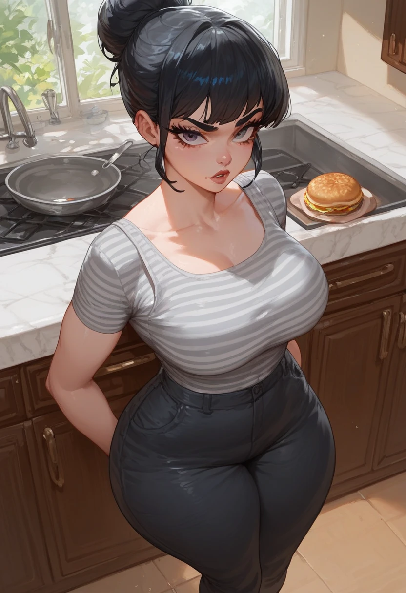 masterpiece, best quality, high quality, 1woman, motherly vibes, ((solo)), looking at viewer, upper body, short dark blue hair, thicc body, big gray sweater, yellow eyes, smile, tall, kitchen