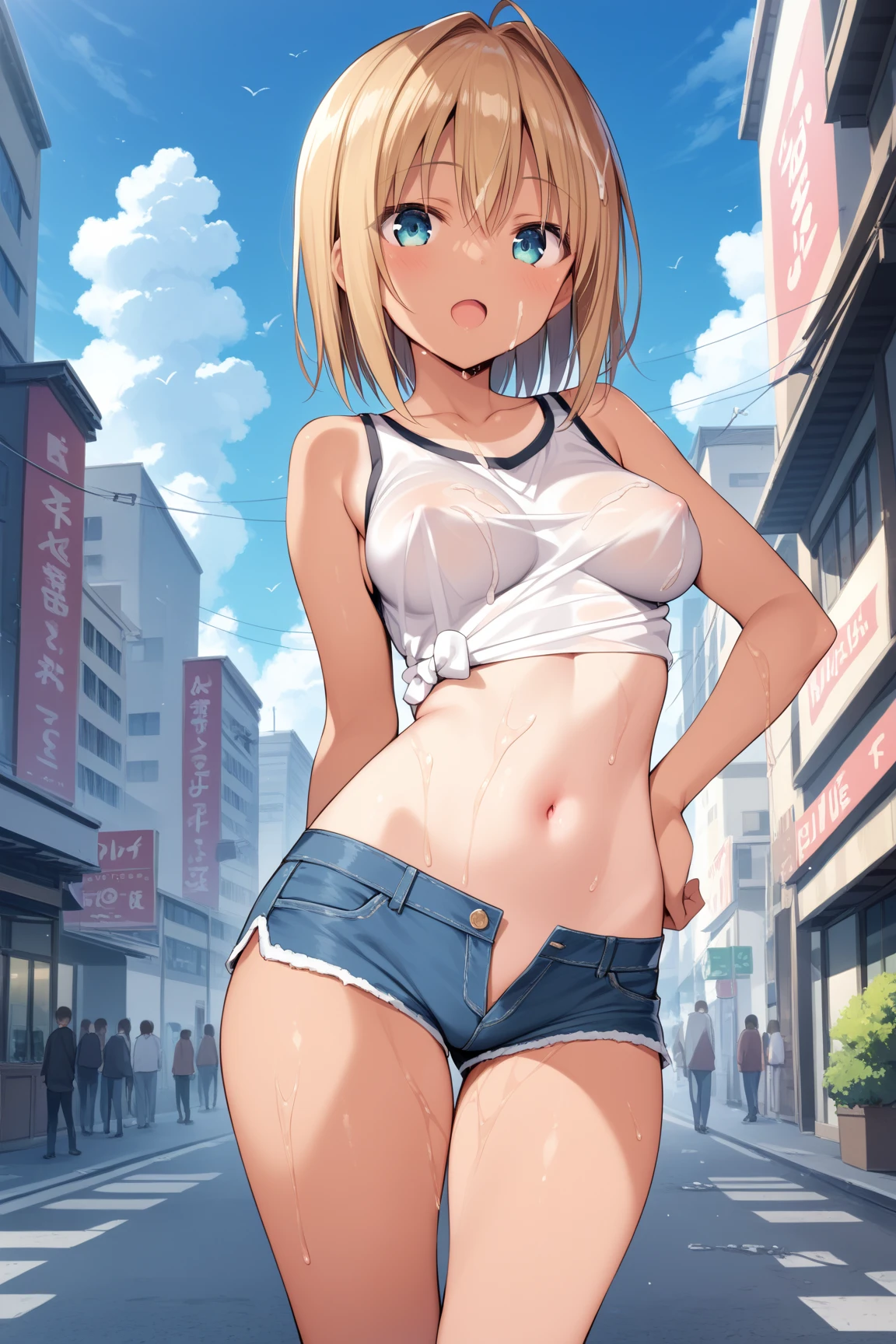 girl，Young，、ager、（masterpiece，Highest quality），Street，Dark skin，(Brown Skin)、Completely naked，Bare shoulders、Gal、Blonde、passionate、Medium ponytail、(Underboob)，Big Breasts，Cleavage，(stomach)，Black mini tube top、looking at the camera、barefoot、Very short denim shorts，(Ultra Micro Shorts)，Strong winds、No underwear、The skirt is blown up by the wind、solo、Are standing、barefoot、City、Embarrassing、Peeing、Soaking wet