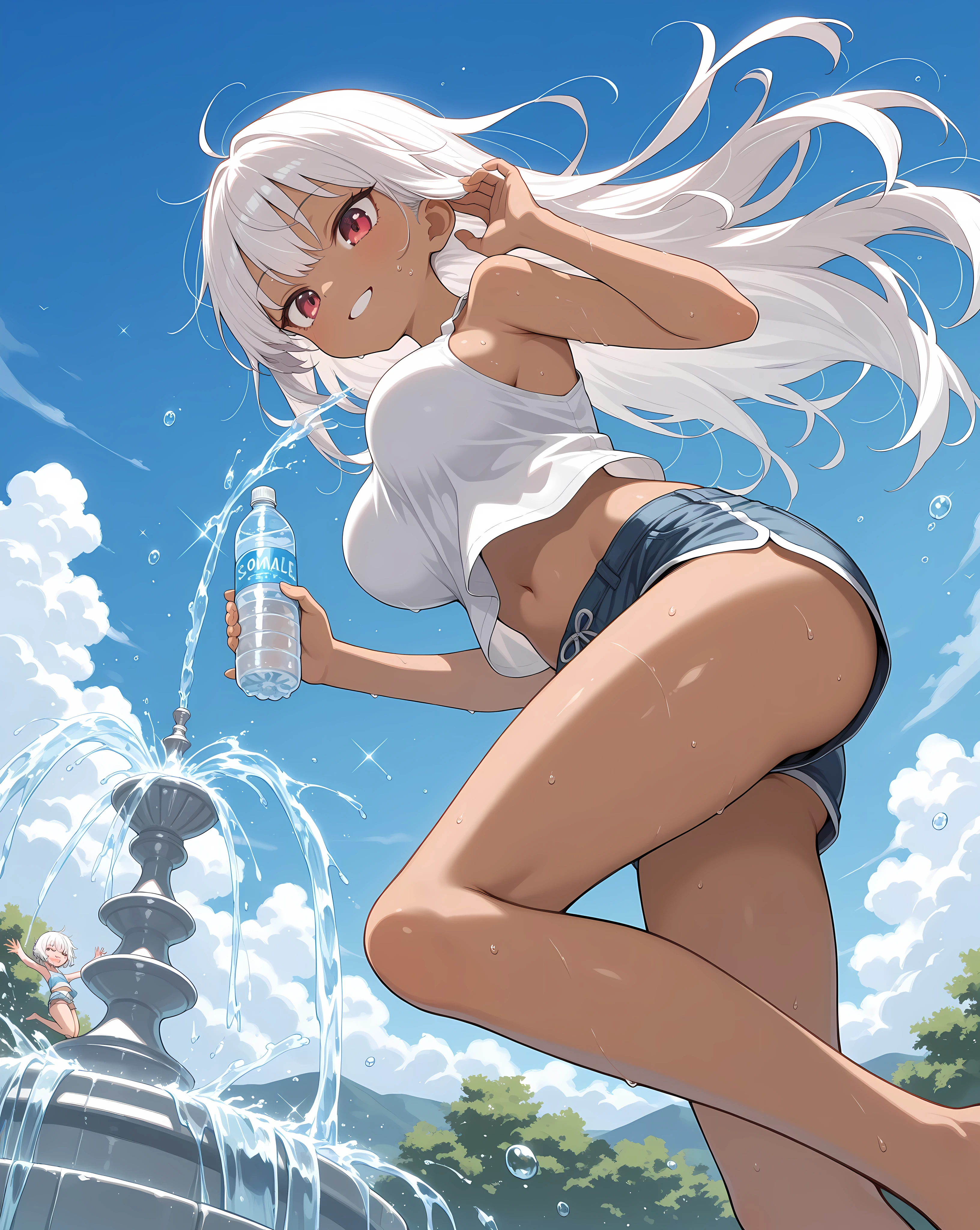 ((From before、True Face、Shot from a little below、Light up from below))、Beautiful and cute gal、(((Shortcuts、background is waterfall、Angel Halo)))、highest quality、ウルトラ - High resolution、High resolution、Highly detailed CG、8k unit wallpaper、27 years old、(((A detailed and beautiful face、Detailed and beautiful eyes,Very large breasts、Platinum Blonde Hair、contrast)))、((((((( Brown Skin:2、Dark Skin:2 , Cleavage ,Moist eyes)))))))、(Black glossy body:1.8),((Sunburn mark))、((((((loose socks、Sweat、White cloth and white loincloth、Thin cloth、Glowing headphones、High heels、Knees wide open to the outside、touch hair))))))