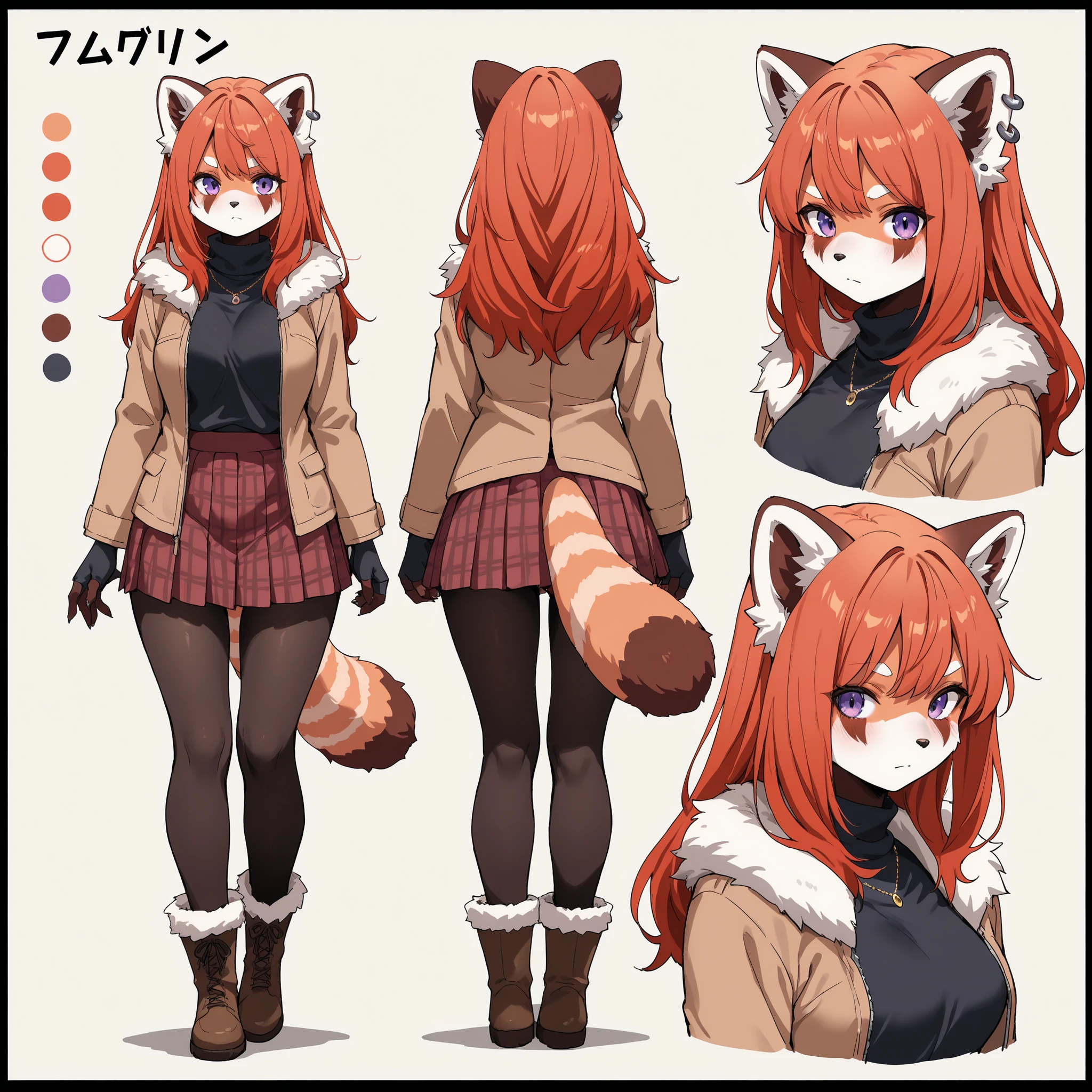 1 young girl, character sheet, concept art, full body, (masterpiece:1.2), (best quality:1.3), standing, kitsune, orange short hair, green shirt, blue denim shorts, brown boots