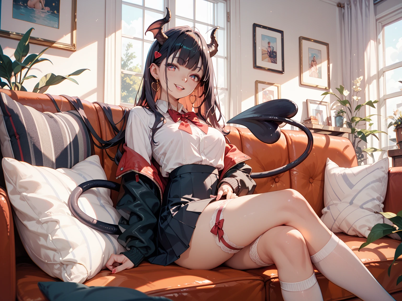 A teenage demon, 14 anos (Fourteen years old), lying on a bed with a menacing yet intriguing background. The demon's horns pierce through a cascade of fiery red hair, her piercing yellow eyes radiating an aura of mischief and power. Her outfit consists of a ripped black sweater and tight blue jeans, revealing her muscular form that defies her young age. Her clawed hands rest gently on her stomach, showing off her intricately detailed tattoos encircling her arms. The room is filled with a shadowy, otherworldly atmosphere, adding to the enigma of this captivating teenager demon.
(art
