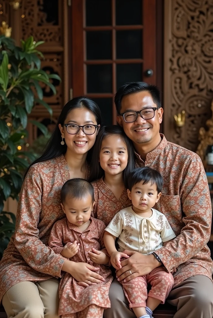 A handsome 28 year old father wearing a Javanese Muslim batik shirt and a beautiful 25 year old mother wearing a Javanese Muslim batik shirt are taking a family photo with a beautiful 2 year old daughter wearing a Javanese Muslim batik shirt taking a family photo facing forward close-up