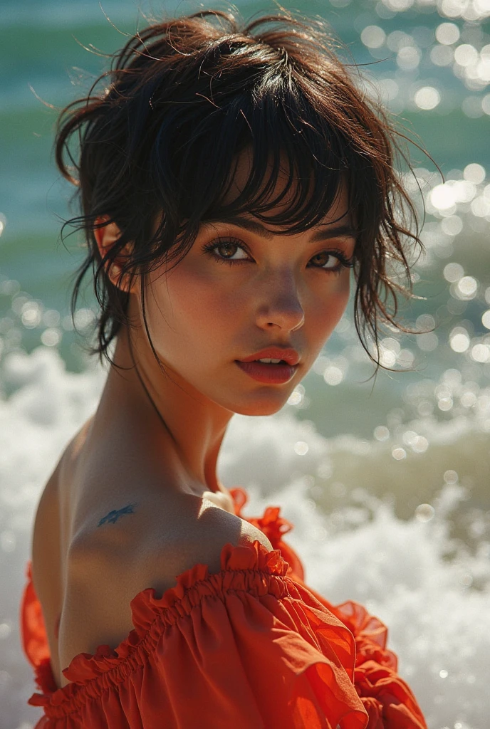 string art style, geometric, threaded, intricate, detailed (eye level, closeup on face:1.2) photo of <lora:EvelinAndras_v1:.9> EvelinAndras, she is wearing shirt , she is wearing elbow gloves, her hair is styled as blunt cut hair, BREAK she is (standing at the beach:1.1), overcast flat lighting, hologram effect,