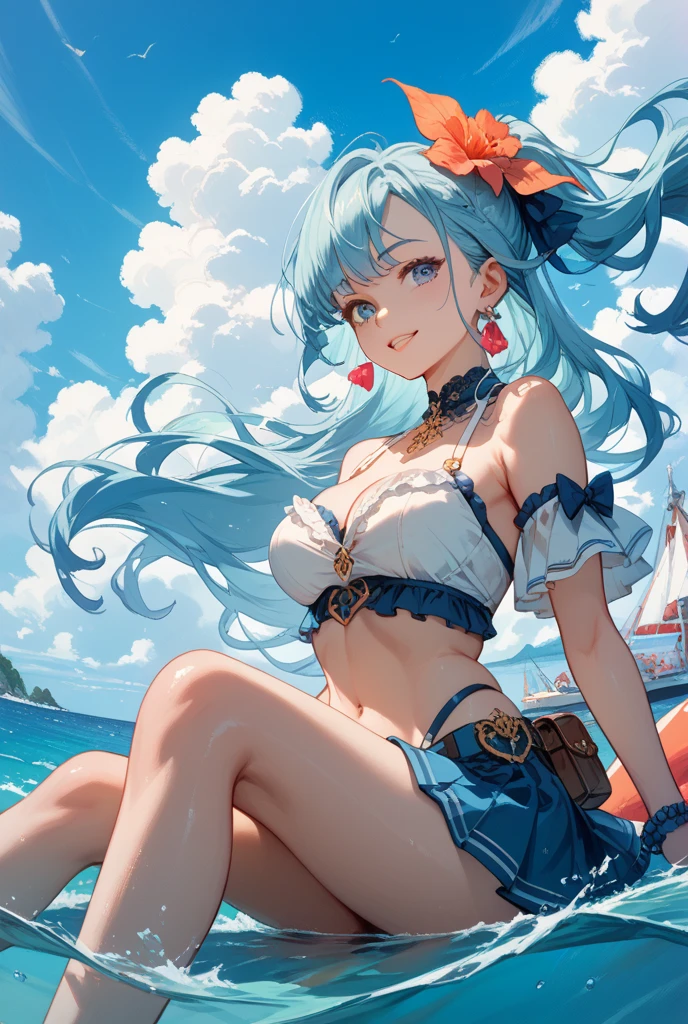 A girl sitting on a boat, sailing in the ocean, light blue hair, heart-shaped pupils, moaning, anime, blooming, three-sided view --auto --s2