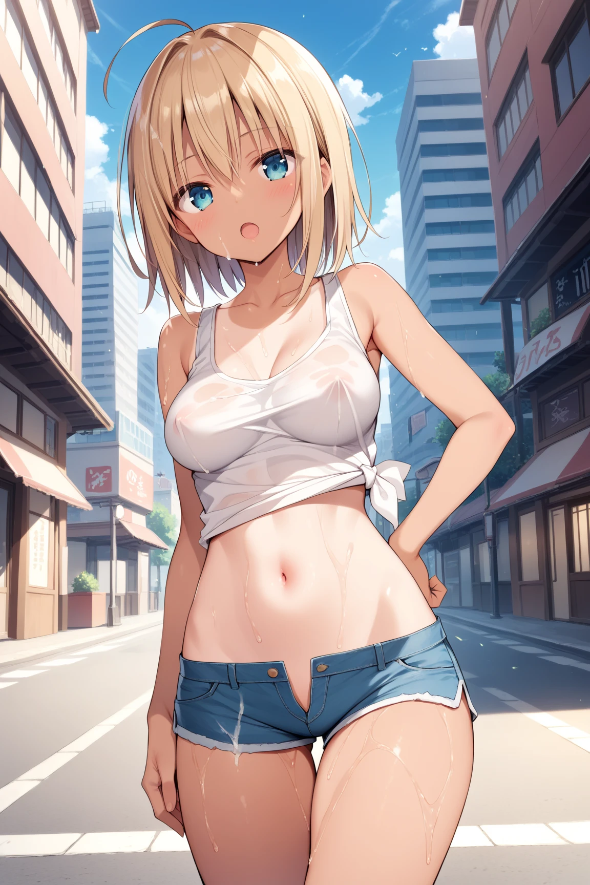nsfw, masterpiece, 1 girl, nipples, navel, intricately detailed, topless, new york times square, night, neon lights, crossing, crowd, navel, necklace, holding smartphone, denim shorts, smiling, extremely detailed, photorealistic, octane render, 8 k, unreal engine. horse ears, horse tail, bare breasts, bare stomach, sweaty, people on background, heavy breathing, raining, puddle, wet body, hand on hips