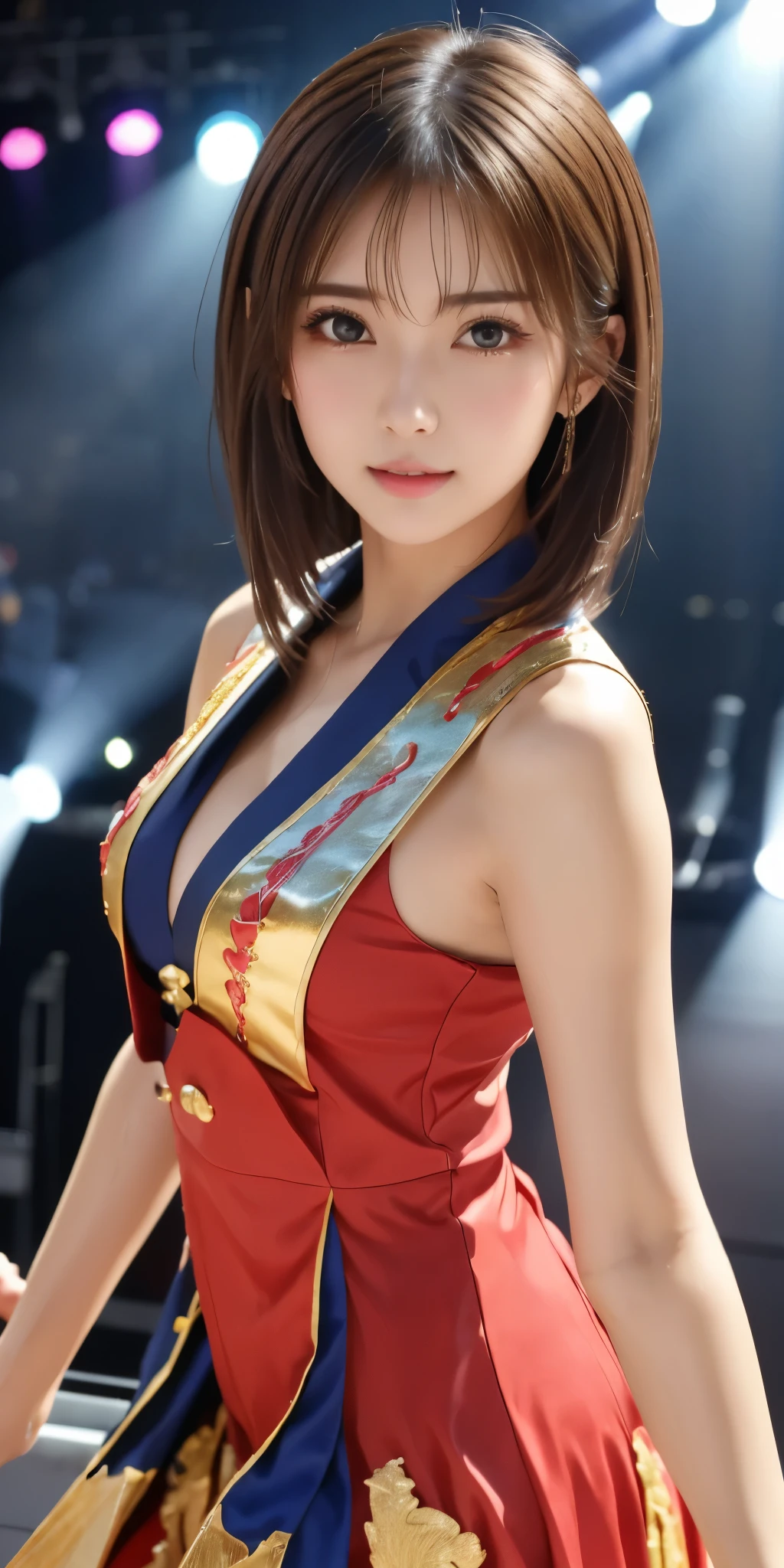 (((top-quality、8K、photographrealistic:1.4、​masterpiece)))、Back lighting、Highly detailed facial texture woman、18year old、(((Gold Cheerleader:1.2)))、((Stadium Background:1.2))、with arms up、A smile、open open mouth、Shiny blonde hair and long hairstyle、a blond。long。Parted sleeves, bare shoulders​, Center opening, cleavage of the breast, Central chest、bow ribbon。Twin-tailed。raise her legs。Raise one leg。dance。