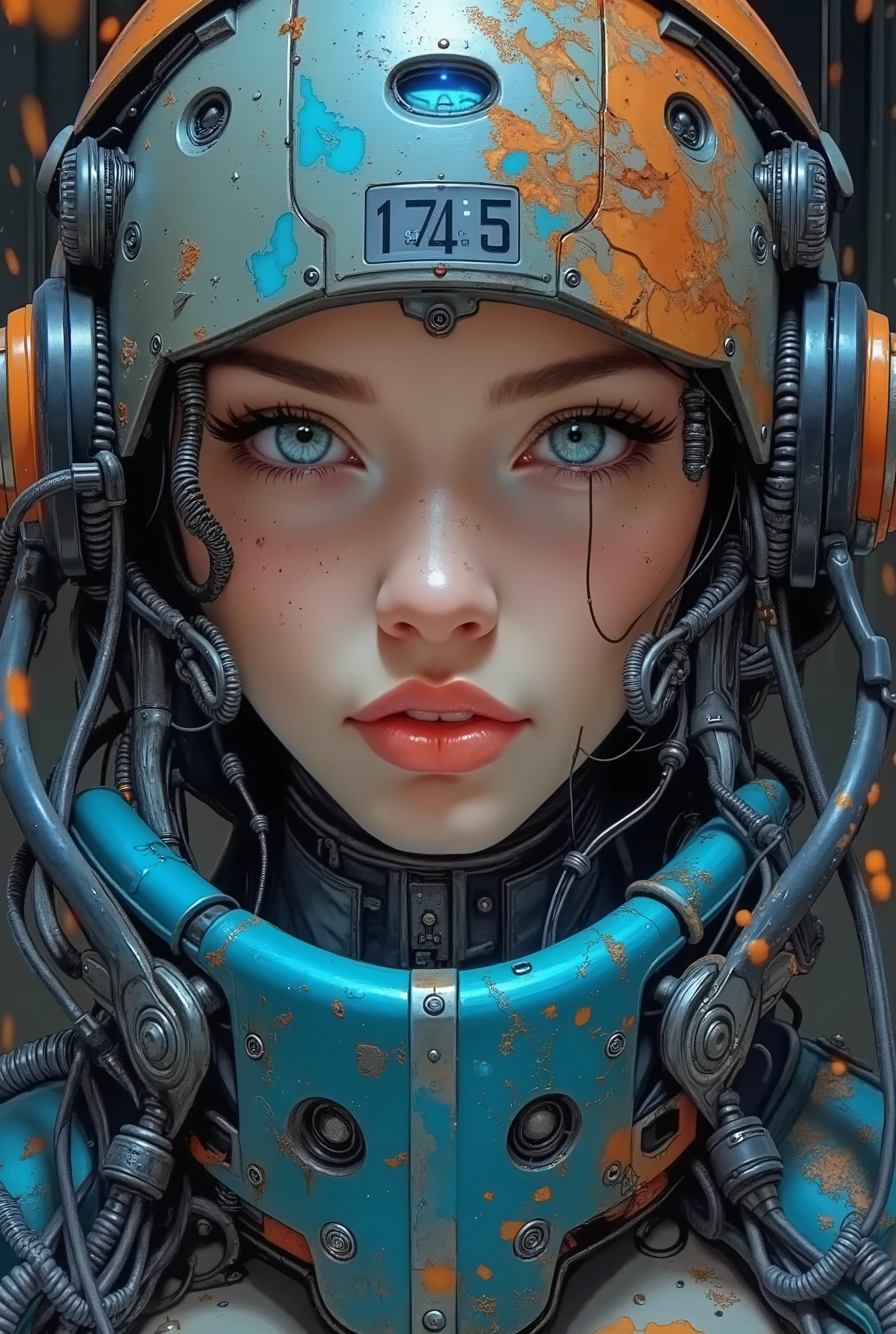 A sci-fi mech pilot broadcasting war updates from a battle-scarred command pod, sparks flying, dramatic lighting, robotic gear and mechanical interface around her, intense expression — futuristic war correspondent, cyberpunk anime, high-tech aesthetic