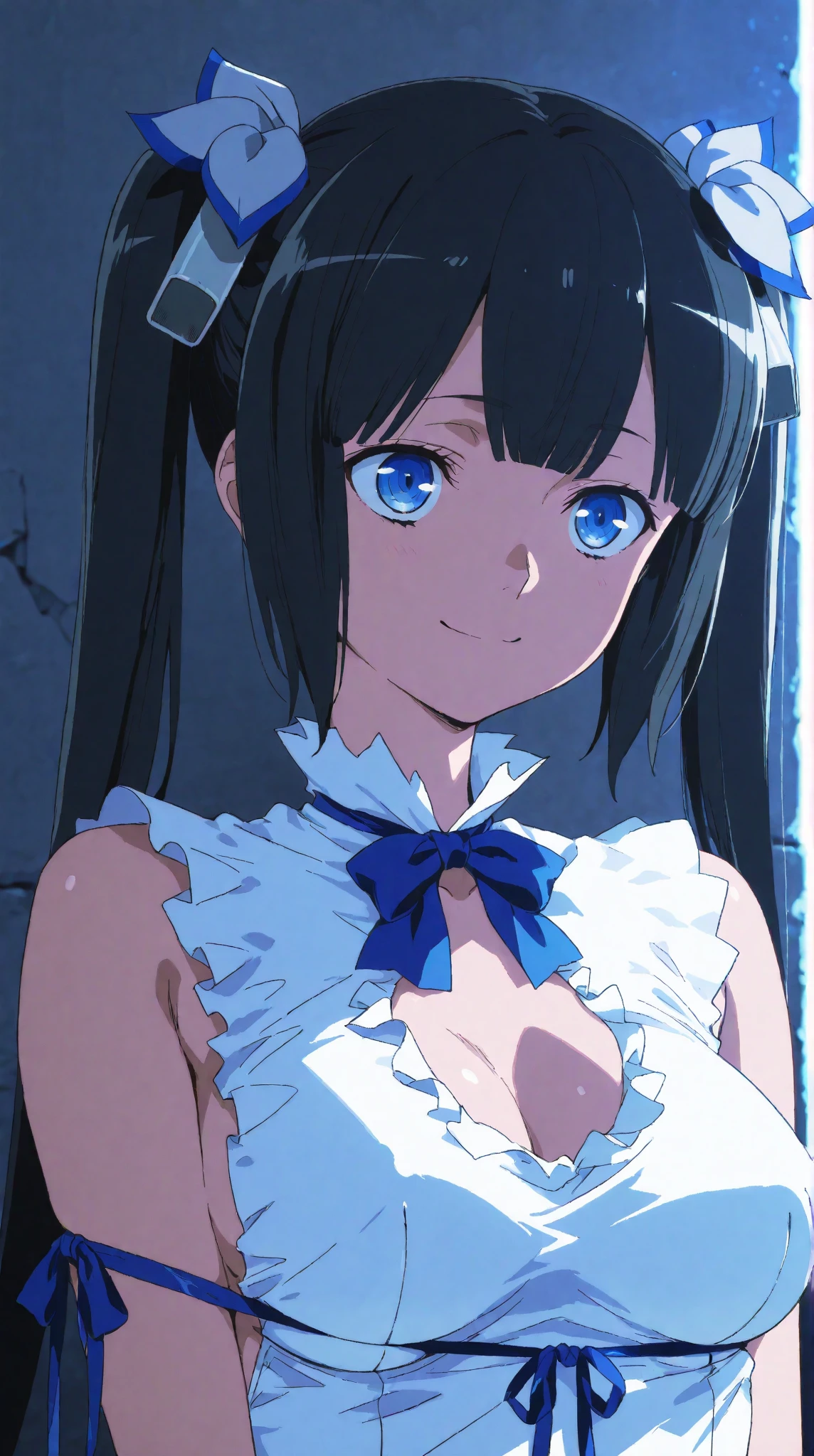 (High resolution:1.4), (masutepiece:1.2), (High quality:1.3) 1girl, saten ruiko, green eyes, long hair, black hair, small breast, (hestia, rei no himo, breasts, long hair, blue ribbon, twintails, gloves, ribbon, dress, rei no himo, large breasts, blue eyes, black hair, white gloves, cleavage, white dress, hair ribbon, bow, sleeveless, sleeveless dress, bangs, cleavage cutout, hair ornament, bowtie, clothing cutout, very long hair, covered navel, arm ribbon),, cinematic lighting, pov, dynamic angle, comiket_cosplay_Hiroba comiket_cosplay, N4, grin,