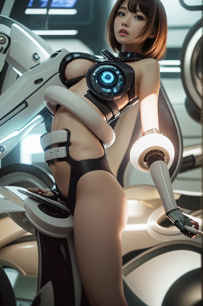 A female astronaut, Youngh, 18 to 22 years old, cyborg, slim body, big ass, thin hips, breasts small, extremely provocative clothes, perfect vagina silhouette, realisitic, HD, 4K.