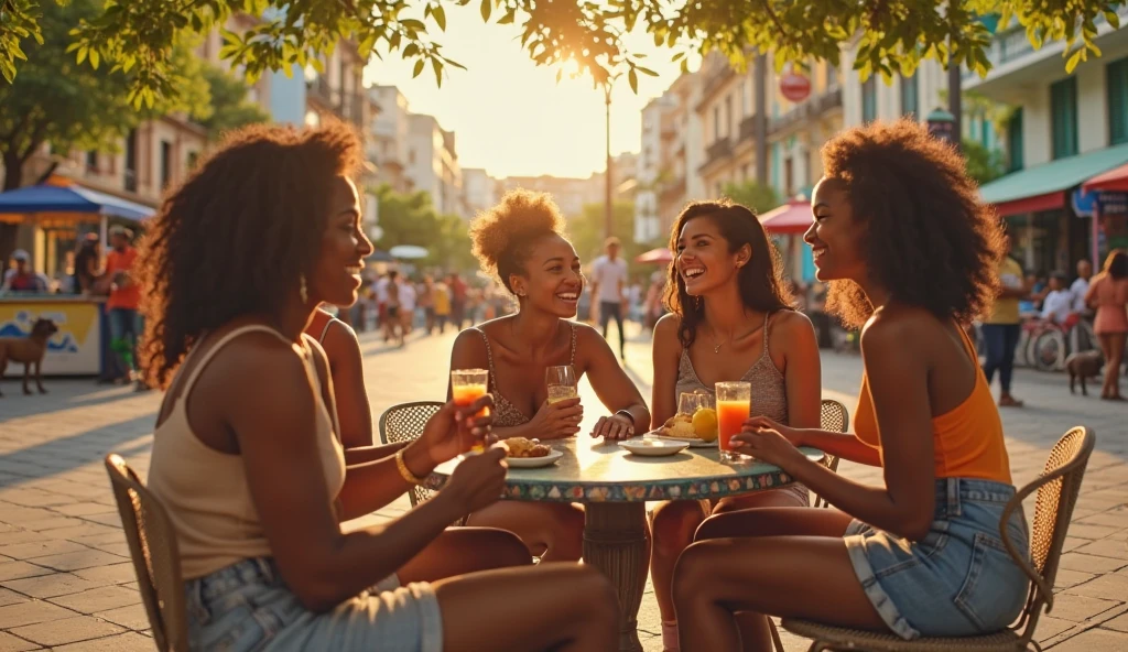 African woman with Asian woman with American women eating pizza in Brazil 