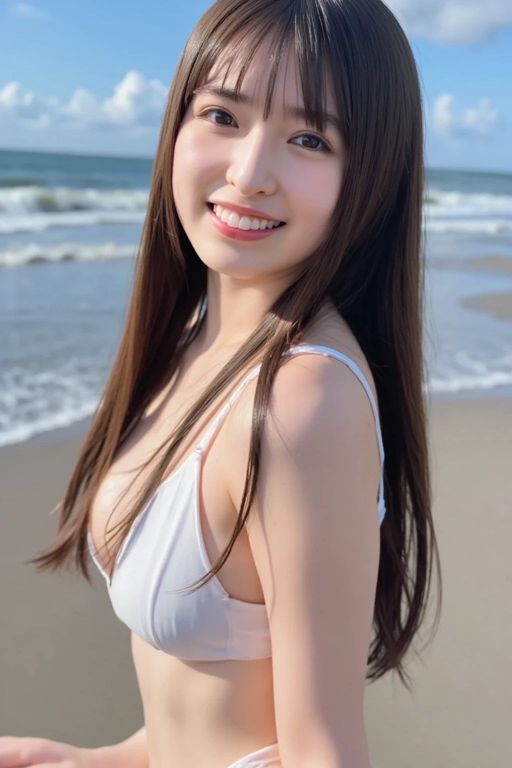 Create a high-quality, hyper-realistic portrait of a very beautiful Japanese idol. She is wearing a clean white summer dress and is squatting on the beach during sunset at sea. The deep indigo of the night sky contrasts with the last vestiges of crimson near the horizon, with swaying waves in the background. The girl has semi-long hair and a slender body with small breasts. The photo should capture her with detailed eyes, a detailed face, and a beautiful, sophisticated nose. The image should have a realistic, delicate, and finely detailed quality, suitable for a fashion magazine cover. Use cinema lighting and soft light to enhance her features. Ensure the photo is of the highest quality, with a resolution of 8K, making it perfect for a 2K wallpaper.