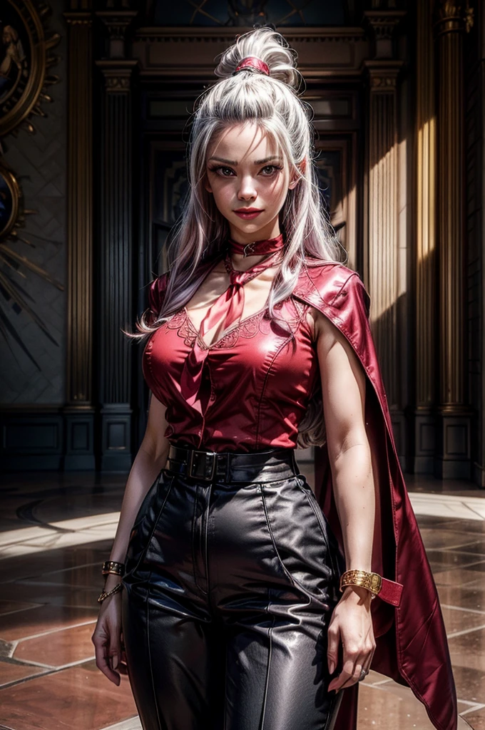Official Art, Unity 8k wallpaper, ultra detail, masterpiece, best quality, single woman, (very detailed),ultra-detailed complex 3d rendering of face, (big breasts: 8.8), (highly detailed skin: 1.2), (exposure: 1.1), beautiful white woman with white skin with full soft breasts with big ass, dynamic angle, mystical expression, fire glow effect, fantasy background,big cleavage, chest hollow, rim lighting, side lights, cinematic lights, ultra high resolution, 8k UHD, film grain,best shadow, delicate, raw, light particles, detailed skin texture, detailed jewelry armor texture, detailed face, intricate detail, ultra detailed, bright, strong, gold armor, cleavage, have glowing weapons, have a shield, pole dron, (((white hair)), glowing black eyes, long red cloak, fantasy, (realistic),