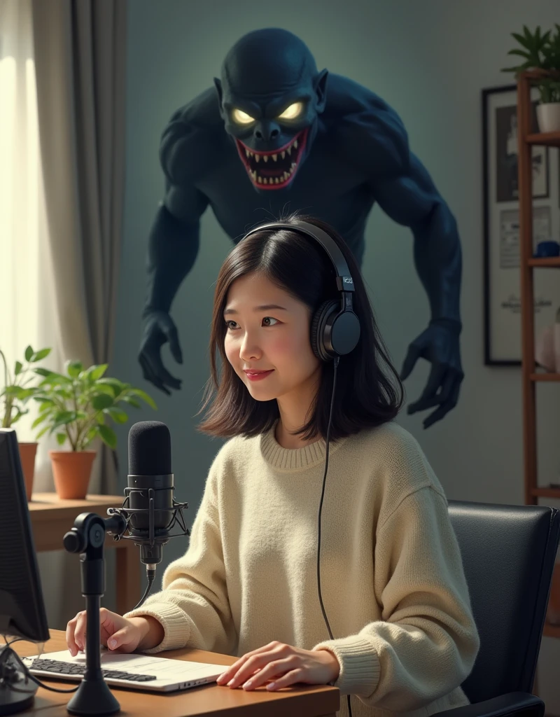 photo real, 1 cute asian girl , wear headset, does podcast, at her room, but on her back big scary monster sneak behind with crouching,