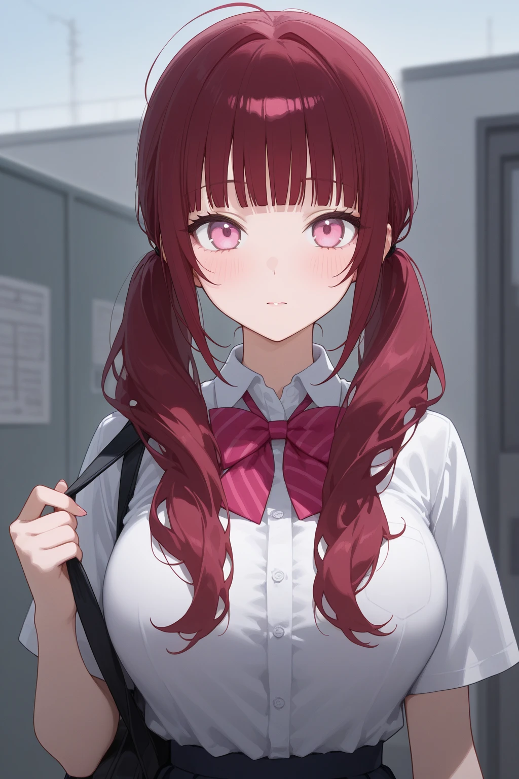(Masterpiece, Best Quality, High Definition), Kana Arima (Oshinoko), Black Beret, (White Shirt), Red Necti, Long Sleeve, black_headwear, Solo, Shirt Big Tits Big Tits Big Tits