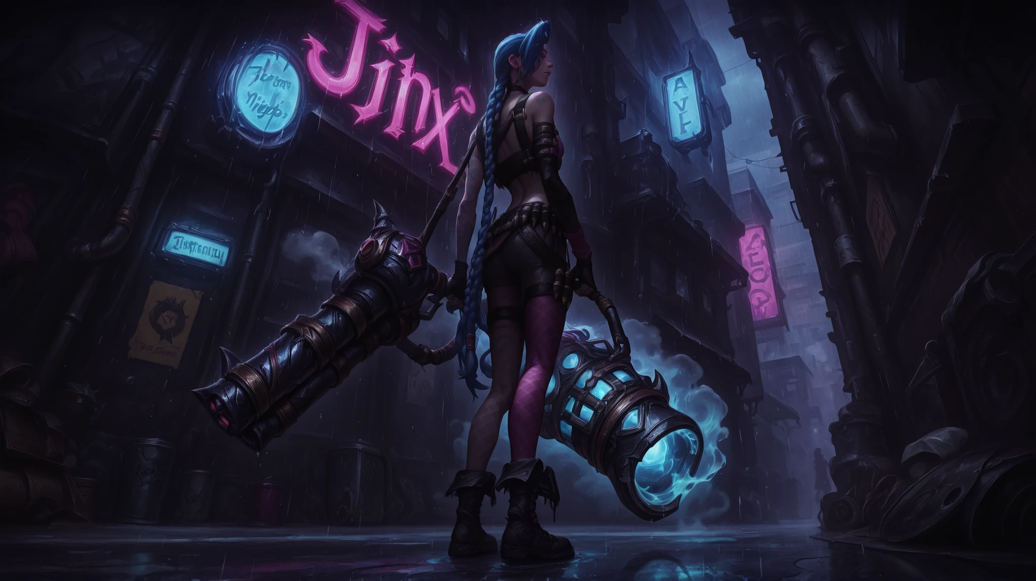 Jinx (league of legends), standing holding big gun on Her shoulder, Low-angle View, 8K, masterpiece, photorealistic, HDR, studio lighting, extremely detailed, cinematic, dramatic lighting, moody atmosphere, gritty urban environment, neon signs, rainy night, rain effects, reflections on the ground, steam and fog, intense color palette, neon blues and purples, cinematic composition