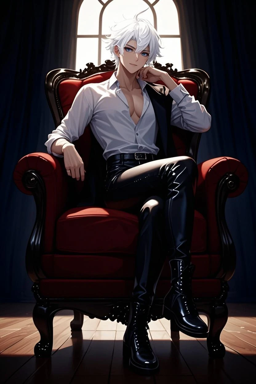 Man with a delicate and beautiful face, delicate and sexy body. Short curly orange hair, big and beautiful orange eyes. he wears a black top and a short jacket with a plush collar. black latex pants and platform ankle boots. He is sitting in a large throne-shaped chair, crossing his legs, in the background of a wine-red room.