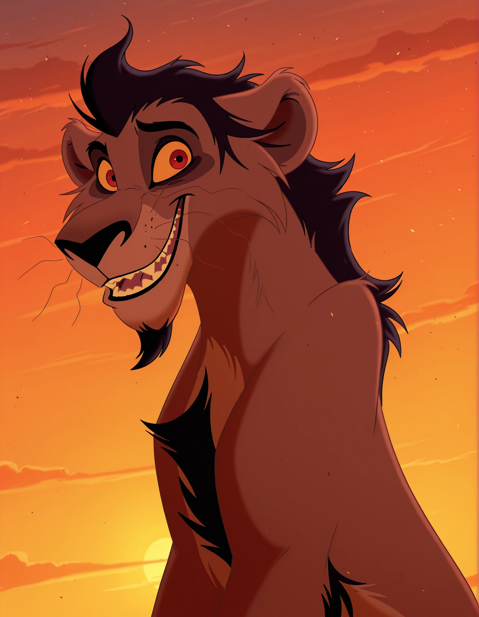 dark circles around eyes, red eyes, male, black hair, orange sclera, Nuka, Lion, brown body, furry, skinny body
