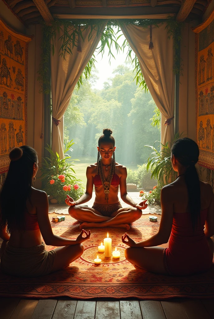 Young tantric priestess with tattoos and percings on her body meditating in a temple --auto