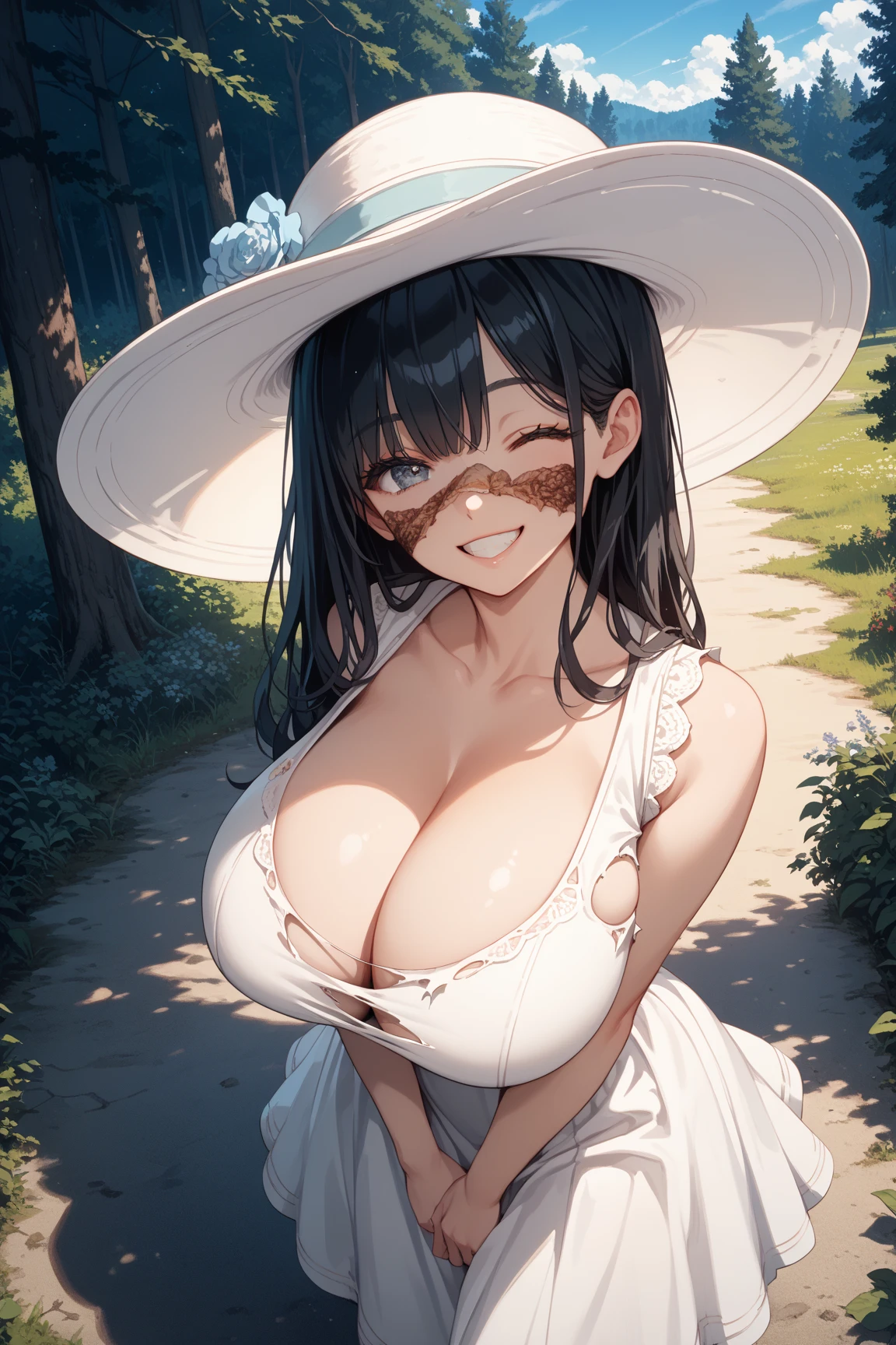 (Highest quality, masterpiece), Turquoise Screen Filter, (One girl, alone, Brown robes, expression, look up, Sitting, Wide sleeves, Iris, Mouth closed, Long Hair, Cowboy Shot), (sunny, Cosmos field, cloud), erotic, One slim woman, 25-year-old woman, huge firm bouncing busts, Pointed Chest, sexy long legs