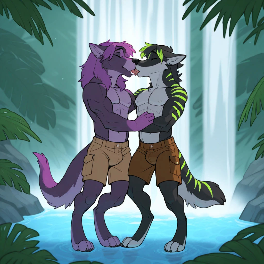 (ultra detailed perfect piece), (masterpiece), (extremely detailed CG 8k), (very fine 8K CG), (best quality), (highly detailed), (absurdres), (detailed fluffy fur, thick fuzzy fur),
(Furry), (anthropomorphic),
(wolf):1.2, (shark tail(long tail):1.3), (fur(primary, midnight blue)(secondary, nile blue):1.3, (short havir), (gills(neck), (heterochromia, left eye(red), right eye(green):1.2, (cyan bioluminescent markings(glowing cyan):1.2, (scars on back and shoulders), (frilled ears):1.4, (1fin(dosal), (bioluminescent markings(glowing cyan):1.2, (glowing fur), (fluffy hips, furry thigh), (dark fur), (1boy), (male), (femboy), (otoko no ko),
(outdoors(outside), (sunny day),
(confident smile), (smiling), (sharp teeth), (excited), (camping), (tongue out), (looking down), (hands on either side of viewer)
(cargo shorts(black), (crop top), (bulge), (balls outline), (straddling viewer),
(view at an angle) (looking at viewer), (low angle view)