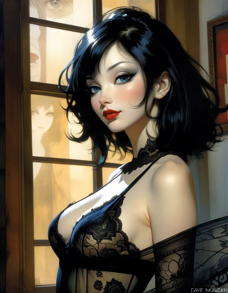 ((Sexy glamour shot:1.4)), ((ultra realistic illustration:1.3)), Beautiful 24 yo woman of Irish descent. athletic figure,(pale:1.4)complexion. raven black hair, green eyes, cute butt, nice legs. Kind eyes,(joy:1.3),(smile:1.2). Red lipstick, sheer lace lingerie, stockings, high heels. Flirty. Masterpiece, (highly detailed:1.2),(detailed face and eyes:1.2), 8k wallpaper, Moody lighting. core shadows, high contrast, bokeh.