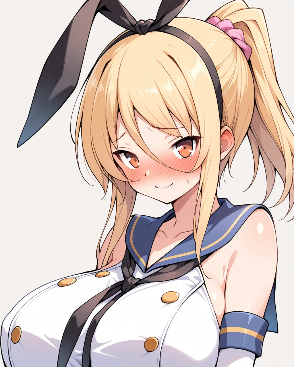 rensouhou-chan, shimakaze (kancolle), 1girl, solo, long hair, breasts, looking at viewer, blush, skirt, blonde hair, large breasts, simple background, hair ornament, thighhighs, gloves, white background, navel, hair between eyes, closed mouth, underwear, , collarbone, yellow eyes, pleated skirt, hairband, serafuku, sleeveless, elbow gloves, striped, white gloves, miniskirt, sailor collar, blue skirt, crop top, wet, neckerchief, sideboob, skindentation, highleg, black hairband, blue sailor collar, striped thighhighs, alternate breast size, microskirt, black neckerchief, anchor hair ornament