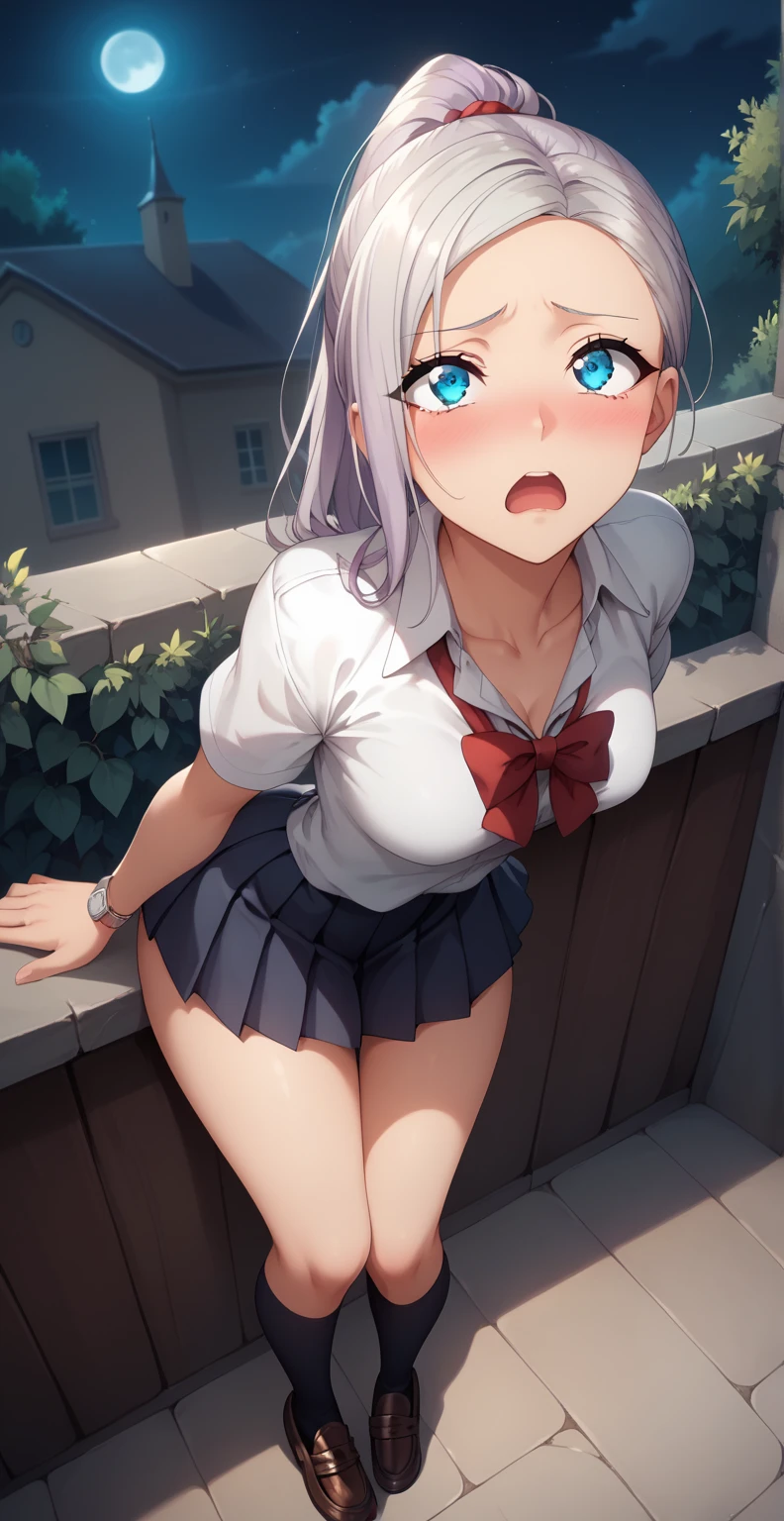 I love you，Big Breasts，Bare Chest，Spread your legs，No eye highlights，With skirt，Knee socks、Ahegao、On all fours，Sweat，Face of despair，A man rubs her chest，semi-long，A man inserts his penis from behind.，tears，Side view，Sleeveless shirt，Gray Hair，