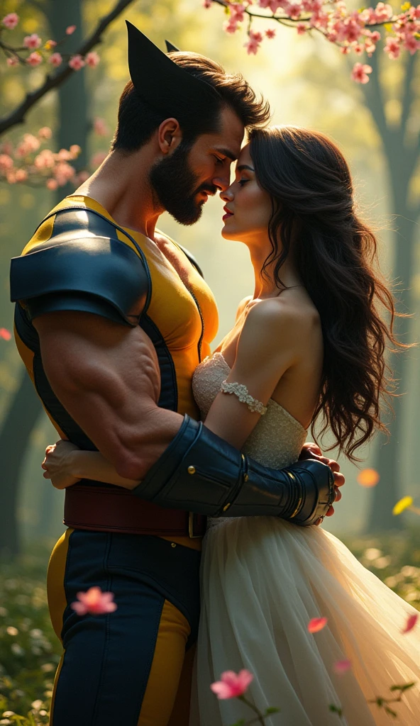 "Create a close-to-realistic image of Wonder Woman and Wolverine in a romantic setting. Wonder Woman, in her iconic red, blue, and gold armor, stands close to Wolverine, who is wearing his classic yellow and blue suit with his claws retracted. They are sharing an intimate moment, with Wonder Woman gently resting her hand on Wolverine's cheek while he gazes into her eyes with a soft, protective expression. The background is a quiet, twilight-lit forest clearing, with soft light illuminating their faces. The mood should convey a deep connection and love between these two powerful characters."